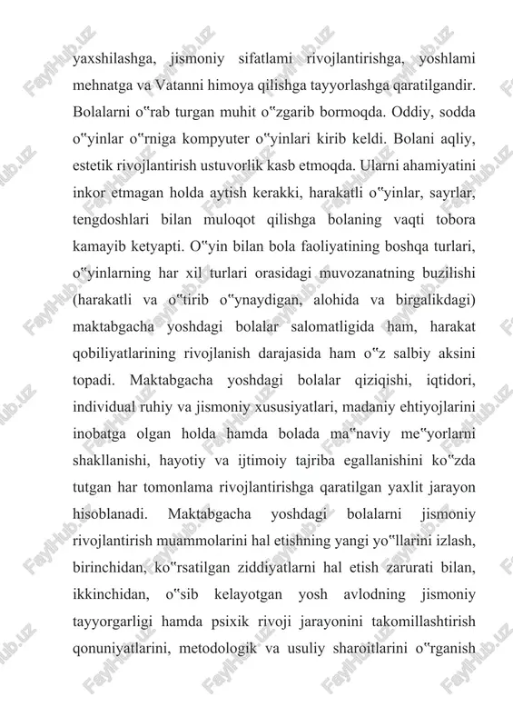 arning jismoniy tayyorgarligini baholash uchun qizlar va o‟g‟il bolalardan iborat to‟rtta yosh guruhlarining har biri uchun 14 ta test tanlab olindi. har bir yosh - jins guruhida testlar mazmuni alohida xususiyatlarga ega edi. masalan, 3 yoshli qizchalarning egiluvchanligini tavsiflash uchun quyidagi testlardan foydalanildi:qo‟llarni oldinga va orqaga egish; 4 yoshlilar uchunoldinga orqaga umbaloq oshish; 5 yoshlilar uchunoyoqlarni galma gal 90 gradusga ochib yozish; 6 yoshlilar uchunko‟prik hosil qilish. demak, barcha yosh guruhlari uchun faqat bitta test takrorlangan egiluvchanlikni rivojlantirish. u yoki bu testlarning qo‟llanilishi to‟g‟risida quyida batafsilroq ma‟lumot beriladi. 2. egiluvchanlikning rivojlanishini belgilovchi omillar egiluvchanlikning namoyon bo’lishi qator omillarga bog’liq. anatomik omil: suyaklar shakli, bo’g’im tog’ayining qalinligi, mushaklar, bog’lamlar va paylarning cho’ziluvchanligi egiluvchanlikning rivojlanish darajasini belgilab beradi (bo’g’imdagi harakatning yo’nalishi hamda kengligi: egish, rostlash, uzoqlashtirish, yaqinlashtirish, supinatsiya, pronatsiya, burish). mushaklar tarangligini (tonusini) markaziy asab tizimi orqali, shuningdek, antoganist mushaklarni zo’riqtirib boshqarish. buning ma’nosi shuki, egiluvchanlikning namoyon bo’lishi cho’ziladigan mushaklarni ixtiyoriy ravishda …