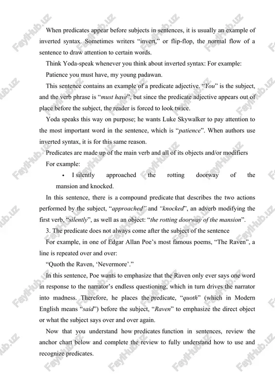 up to the radley house to spy on boo radley. in this sentence, the predicate begins with the verb, “snuck”, and includes several modifiers including the adverb, “up”, two prepositional phrases, “to the radley house” and “on boo radley”, and one infinitive phrase, “to spy”. 2. scout hated school because she was always in trouble. in this sentence, there are two clauses with two subjects and two predicates. the first predicate is “hated school”, and the second predicate is “was always in trouble”. 3. calpurnia brought jem and scout to church. in this sentence, brought jem and scout to church is the predicate because it starts with the action verb, “brought” and includes two direct objects and a prepositional phrase acting as a modifier. 4. atticus decided to defend tom robinson in court. in this sentence, decided to defend tom robinson in court is the predicate because it begins with …