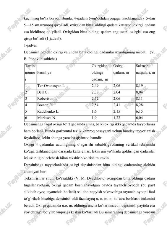 yog‘ochga qanday qo‘yilgani katta ahamiyatga ega. bu gavda qismlarining harakati u. o. m. nisbatan qanday ekanini analiz qilib chiqmoq kerak (3-rasm). tizzasi 170—172° gacha to‘g‘rilangan depsinuvchi oyoq, yuqoridan pastlatib orqaga tortilib, tez harakat bilan u. o. m. proeksiyasiga yaqinlatib taxtaga qo‘yiladi. masalan, e. shelbida, oyoq taxtaga qo‘yilayotganda, gorizontal chiziq bilan pastga tushayotgan depsinuvchi oyoq chizig‘i o‘rtasidagi burchak 28° dan 54° gacha oshadi. erga nisbatan esa har doim pastlatib oldinga qo‘yiladi. depsinuvchi oyoq soni bilan boldiri o‘rtasidagi burchak 141° dan 170° gacha oshadi. agarda yugurish vaqtida gavda engashgan bo‘lsa, oyoqni tax-taga qo‘yayotganda u vertikal yoki juda kam engashgan bo‘lish.i kerak. bu sakrovchining depsinuvchi oyoqqa . shiddatliroq o‘tishiga, gavda sg‘irligini tezroq tayanch ustiga yuklashiga va depsinishning oxirgi fazasiga o‘tishga imkon beradi. depsinish. sakrovchini oldinga-yuqoriga itqitib yuboradigan kuchli va tez depsinish, ko‘proq oyoqni taxtaga to‘g‘ri qo‘yishga va depsinishning o‘zi qanday chiqishiga bog‘liq. 4-rasm. depsinishga yaqinlashish, depsinish uchun oyoq qo‘yish va depsinish (i. ter- …