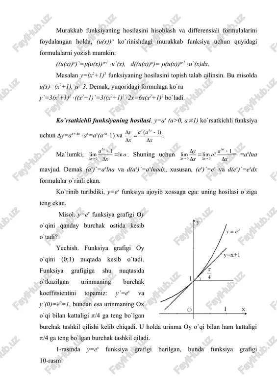 nus va kosinusning ta`riflariga ko`ra a nuqtaning ordinatasi sint, abssissasi esa-cost ga teng. 11-rasm demak, a nuqtaning abssissa o`qidagi proeksiyasi b nuqta x=sint qonuniyat bilan, ordinata o`qidagi proeksiyasi s nuqta y=cost qonuniyat bilan harakat qiladi. shu harakatlarning tezliklarini topamiz. ma`lumki, a nuqtaning chiziqli tezligi v=(r formula bilan ifodalanadi. bizning holimizda (=1, r=1 bo`lganligi sababli v=1 bo`ladi. chiziqli tezlikni ikkita- gorizontal va vyertikal- tashkil etuvchilarga ajratamiz. a nuqta tezligining vektori , bu yerda | |=1, aylanaga a nuqtada o`tkazilgan urinma bo`ylab yo`nalgan. shu sababli ox o`qi bilan t+(/2, oy o`qi bilan t burchak tashkil qiladi. demak, uning ox o`qiga proeksiyasi (ya`ni b nuqtaning tezligi) vx=cos(t+(/2)= =-sint ga, oy o`qiga proeksiyasi vy=cost ga teng bo`ladi. tezlik yo`ldan vaqt bo`yicha olingan hosila bo`lganligi, b nuqtaning harakat qonuni x=cost, tezligi vx=-sint ekanligini e`tiborga olsak, (cost)`=-sint degan xulosaga kelamiz. shunga o`xshash, s nuqtaning harakat qonuni y=sint, tezligi vx=cost ekanligini e`tiborga olsak, (sint)`=cost degan xulosaga kelamiz. …