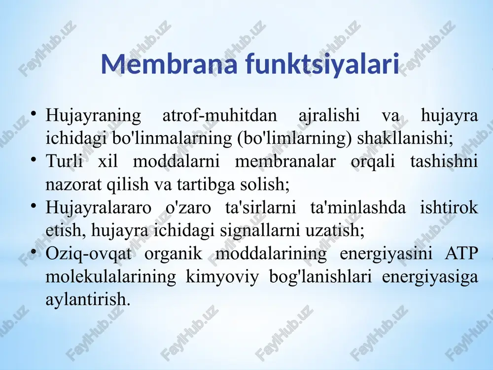 n retseptorlari oqsillari yordamida amalga oshiriladi. maqsadli hujayra ma'lum bir signal molekulasini retseptor orqali tanlab bog'lash qobiliyati bilan belgilanadi. agar signal membrana retseptorlari tomonidan qabul qilinsa, axborot uzatish sxemasi quyidagicha ifodalanishi mumkin: retseptorning signal molekulasi (asosiy xabarchi) bilan o'zaro ta'siri; ikkinchi messenjerning shakllanishi uchun mas'ul bo'lgan membrana fermentini faollashtirish; camp, cgmp, ip3, dat yoki ca2+ ikkinchi messenjerini shakllantirish; o'ziga xos oqsillarning vositachilari, asosan protein kinazlari tomonidan faollashishi, bu esa, o'z navbatida, fosforillovchi fermentlar orqali hujayra ichidagi jarayonlarning faolligiga ta'sir qiladi. signal molekulalari, retseptorlari va ular tartibga soluvchi jarayonlarning xilma-xilligiga qaramay, transmembran ma'lumotlarini uzatishning bir nechta mexanizmlari mavjud: adenilat siklaza tizimi, inositol fosfat tizimi, katalitik retseptorlari, sitoplazmatik yoki yadro retseptorlari. transmembran signalini uzatishda retseptorlarning ishtiroki. retseptorlar: 1 - ion kanallari bilan bog'liq, masalan, gaba retseptorlari; 2 - katalitik faollik bilan (insulin retseptorlari); 3 - fosfolipaza c ga signal uzatish, masalan, a1-adrenergik retseptor; 4 - katalitik faollik bilan (guanilat siklaza, pnp retseptorlari); …