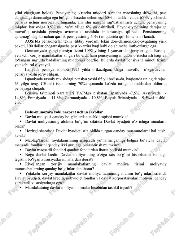 yatga bo‘ysunuvchi tumanlar va shaharlar byudjetlarini o‘z ichiga oladi. shuningdek, tumanlarga bo‘linadigan shaharning byudjeti shahar byudjeti va shahar tarkibiga kiruvchi tumanlar byudjetlaridan iborat. va nihoyat, tumanga bo‘ysunadigan shaharlari bo‘lgan tumanning byudjeti tuman byudjetidan va tuman bo‘ysunuvidagi shaharlar byudjetidan tashkil topadi. hozirgi sharoitda davlat byudjeti o‘z oldida turgan quyidagi muammolarni hal etishi kerak: · daromadlar bazasini (asosini) mustahkamlash asosida byudjet defitining darajasini kamaytirish; · mamlakat taraqqiyotining ustuvor yo‘nalishlari bo‘yicha byudjet xarajatlarini restrukturizatsiya qilish; · byudjet yordamida tartibga solish mexanizmini takomillashtirish; · byudjet assignovaniyalaridan samarali foydalanish ustidan nazoratni kuchaytirish. davlat maqsadli fondlari davlat moliyasi sohasining alohida bo‘g‘ini sifatida quyidagilardan iborat bo‘lishi mumkin: · respublika yo‘l fondi; · o‘zbekiston respublikasi davlat mulkini boshqarish va tadbirkorlikni qo‘llab-quvvatlash davlat qo‘mitasining maxsus hisob varag‘i; · ish bilan ta’minlashga ko‘maklashuvchi davlat fondi; · o‘zbekiston respublikasi byudjetdan tashqari pensiya fondi. davlat maqsadli fondlarida katta miqdordagi mablag‘larning to‘planganligi sharoitida davlat moliyaviy nazoratining susayishi bu mablag‘lardan samarasiz foydalanishga va turli-tuman …