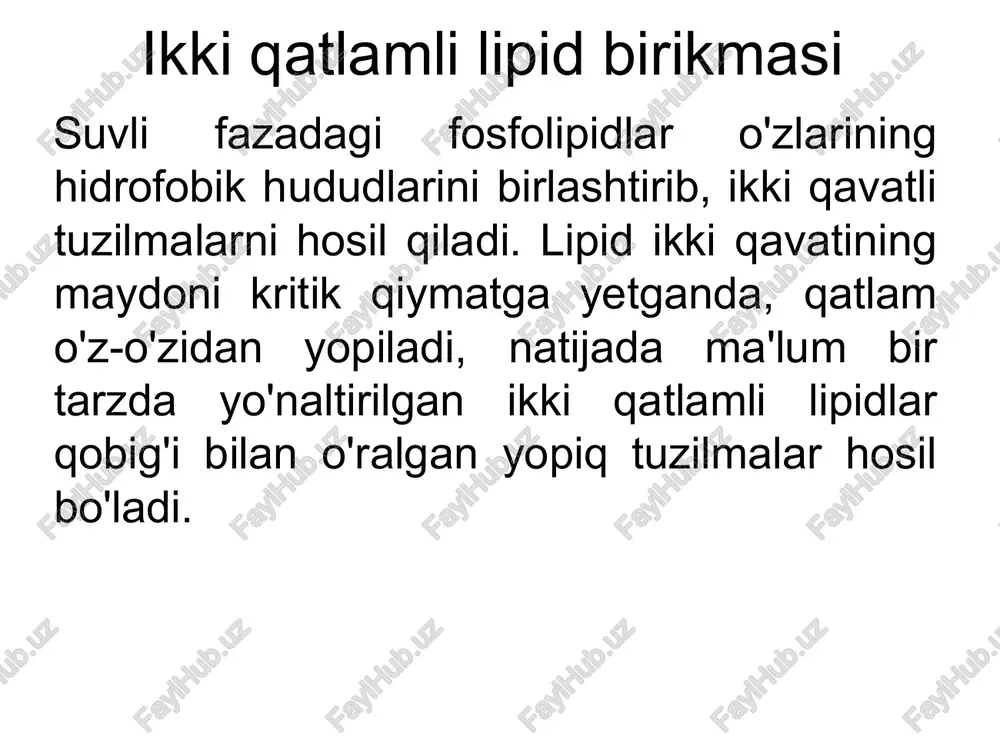 a geksamerlari - konneksonlari (10 nm), boshqa hujayraning o'xshash tuzilmalari bilan birikmasidan hosil bo'ladi. har bir konnekson konnektin oqsili tomonidan hosil qilingan 6 ta subbirlik bilan ifodalanadi. markaziy qismdagi har bir konnekson o'tishga imkon beruvchi kanalga (1,5-2 nm) ega past molekulyar og'irlikdagi birikmalar (2 kd gacha), hujayralar orasida. integrinlar hujayradan tashqari matritsa molekulalariga yopishish molekulalarining yuqori oilasi: kollagen. fibronektin. laminin. barcha integrinlar geterodimerik transmembrana oqsillari bo'lib, hujayra ichidagi domen sitoskeleton elementlari bilan bog'liq. selektivlar - hujayralararo yopishishda ishtirok etadigan transmembran monomerik glikoproteinlar oilasi. har bir retseptorda bitta transmembran domen mavjud. l-selektin. r-selektin. e-selektin. lektinlar uglevodlar, glikoproteinlar, glikolipidlar va proteoglikanlar bilan maxsus o'zaro ta'sir qiluvchi oqsillardir. blagodaryu za vnimanie!