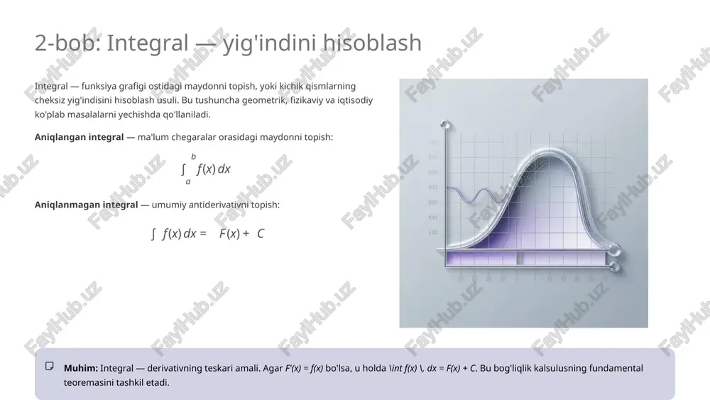 i bog'liqlik kuchayib bormoqda. yangi arxitekturalar, algoritmlar va metodologiyalar rivojlantirilmoqda. avtomatik differensiatsiya zamonaviy deep learning frameworklari (pytorch, tensorflow) avtomatik ravishda derivativlarni hisoblaydi. bu katta modellar bilan ishlashni ancha osonlashtiradi va tadqiqotchilar yangi arxitekturalarni tez sinab ko'rishlari mumkin. neural odes oddiy differensial tenglamalar (ode) asosidagi neyron tarmoqlar — yangi tadqiqot yo'nalishi. bu modellar uzluksiz chuqurlikka ega bo'lib, xotira samaradorligini oshiradi va yangi imkoniyatlar ochadi. kvant mashina o'rganish kvant kompyuterlari uchun maxsus optimallashtirish algoritmlari ishlab chiqilmoqda. kalsulus tushunchalari kvant holatlarida ham qo'llaniladi va bu sohada yangi yutuqlarga yo'l ochadi. suniy intellektning yanada murakkab tizimlari — avtonomli transport, tibbiy diagnostika robotlari, real vaqtda tarjima — uchun kalsulus bilimlarining zaruriyati tobora oshib bormoqda. kelajak kalsulus va suniy intellektning uyg'unligi texnologiyalar tarixida yangi sahifani ochmoqda xulosa: kalsulus va suniy intellektning o'zaro bog'liqligi derivativlar — suniy intellektning yuragi gradient tushish, backpropagation va barcha optimallashtirish algoritmlari derivativlar asosida ishlaydi. bu tushuncha neyron tarmoqlarni o'rgatishning poydevoridir. integrallar — …