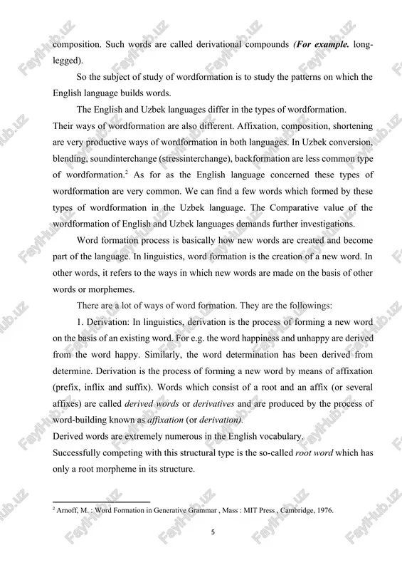 walk(v) — walk(n)). the term «conversicn» was first used by sweet in his book «new english grammar) in 1892. there are a lot of approaches to the study of conversion. some linguists think that conversion is the formation of words without affixes. others1 say that conversion is the formation of new words with the help of a zero morpheme. conversion is also defined as a shift from one part of speech to another2. these treatments of conversion cause some doubt. the minor types of word formation there are another types of word-formation. 1. shortenning (clipping) is a process of creating of a new word by shortening of the original polysyllabic word (prototype). according to what part is cut off we distinguish: · final – doc (doctor), · initial – net (internet) · medial clipping – poli-sci (political science). 2. sound interchange is an opposition in which words or word forms …