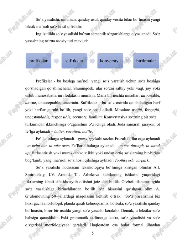 irishdir. prefikslar turli xil mezonlarga ko‘ra klassifikatsiya qilinishi mumkin. [5: ] 1. semantik, ya’ni ma’no jihatiga ko‘ra klassifikatsiya: a) inkor ma’noli prefikslar: in– (invaluable), non– (nonformals), un– (unfree); b) ish–harakatning takrorlanishini bildiruvchi prefikslar: de– (decolonize), re– (revegetation), dis– (disconnect); a) vaqt, masofa va daraja ma’nolariga ishora qiluvchi prefikslar: inter– (interplanetary), hyper– (hypertension), ex– (ex–student), pre– (pre–election), over– (overdrugging). 2. prefikslarning kelib chiqishiga quyidagi guruhlarini ko‘rishimiz mumkin: a) milliy (german tillariga oid): un–, over–, under– etc; b) roman tillariga oid: in–, de–, ex–, re– etc; d) grek tiliga oid: sym–, hyper– etc. suffikslarning ingliz tilidagi asosiy xizmati – so‘zlarning oxiriga qo‘shilib, yangi ma’no yaratish. suffikslarning qaysi so‘z turkumida so‘z yasashi, ma’no jihati, kelib chiqishi va produktivligiga ko‘ra bir nechta turlari mavjud[footnoteref:6]. [6: adams, v. an introduction to modern english word formation. longman. london. cambridge university press, 1973. -p. 29 ] 1. ingliz tilida suffikslar qaysi so‘z turkumiga oid so‘z yasashiga ko‘ra …