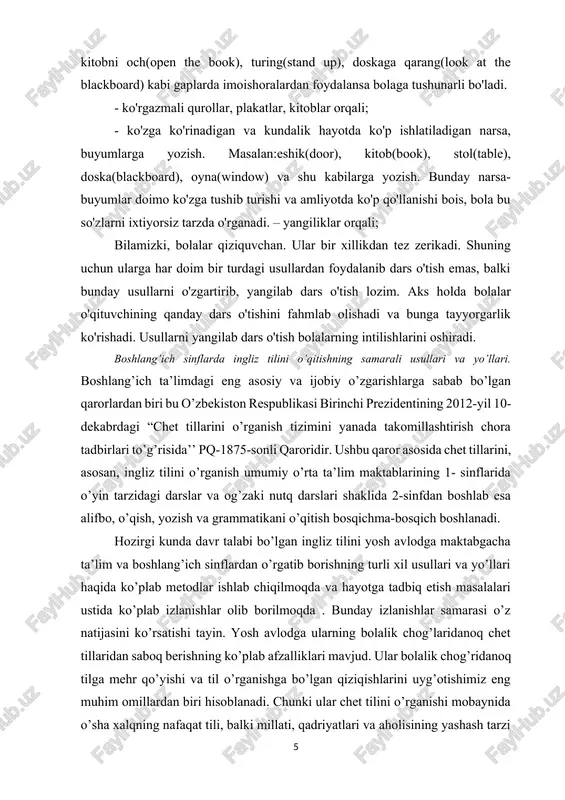 liklari mavjud. ular bolalik chog’ridanoq tilga mehr qo’yishi va til o’rganishga bo’lgan qiziqishlarini uyg’otishimiz eng muhim omillardan biri hisoblanadi. chunki ular chet tilini o’rganishi mobaynida o’sha xalqning nafaqat tili, balki millati, qadriyatlari va aholisining yashash tarzi bilan ham tanishib boradi. o’z- o’zidan o’quvchi ongida dunyo haqida tushuncha va taassurotlar paydo bo’la boshlaydi. til bilish ko’plab keng imkoniyatlar yaratadi. dunyo kezishga, biznesga, ilm olishga, dunyoqarashiga ijobiy ta’sir ko’rsatadi, albatta. chet tillari maktab o’quvchilariga ya’ni, boshlang’ich sinf o’quvchilariga bosqichma – bosqich o’rgatilishi yo’lga qo’yilgan[footnoteref:3]. bu jarayonda 1-sinf o’quvchilariga o’zlariga mos tarzda, asosan, multimediali va og’zaki o’rgatish metodlaridan foydalanish yaxshi samara beradi. 1-sinf o’quvchilarida o’zlarining ona tilisi haqida to’liq tushuncha va bilim hosil qilmasdan turib ularga ingliz tili alifbosi va yozuv malakasini mutlaqo noto’g’ri hisoblanadi. shuning uchun ham ingliz tilidan ularga ilk saboqlar o’yinlar, multimedia vositalari va og’zaki usulda o’rgatiladi, so’ngra o’quvchilar 2-sinfga o’tishgach ularda savod o’rgatish davri to’lliq yakunlangan bo’ladi va shu …