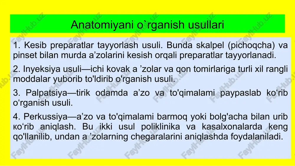 rdani yorib o'rgandi va a’zolar rasmini chizib chizdi, o'zining rasmlarida u odamning turli a’zolarini (dumg'aza, umurtqa pog'onasi egriliklari, ko'p mushaklar, ichki a’zolar, yurak qopqoqlari, bosh va orqa miya, miya qorinchalari, ko'z va boshqalarni) tuzilishini aniq ko'rsatib bergan. u dunyoda birinchi bo'lib mushaklaming ishlash dinamikasini o'rgandi. shu bilan plastik anatomiyaga asos soldi. audrey vezaliy (1514—1564) ilmiy anatomiyaning asoschisi hisoblanadi. u murdalarni yorib qilgan kuzatishlari asosida «odam tanasining tuzilishi haqida yetti kitob»ini yozadi. a. vezaliy galenning xatolarini ko'rsatib bergan. uning shogirdlari xvi— xvii asrlar davomida odam a’zolarining tuzilishini to'g'ri yoritib berdilar. gabriel fallopiy (1523—1562) tarixda birinchi bo'lib kalla suyaklarining tuzilishi va taraqqiyoti, mushaklar, jinsiy a’zolar, bachadon nayi (bu a’zo muallif nomi bilan ham ataladi), eshituv va ko'ruv a’zolarini o'rganib, «anatomik kuzatishlar* kitobini yozgan. bartolomey yevstaxiy (1510—1574) ko‘proq a’zolarning rivojlanish jarayoni bilan shug‘ullandi. tishlar, buyraklar, venalar va eshituv a’zosini o'rganib, birinchi marta halqum bilan o'rta quloq bo‘shlig‘ini qo'shib turuvchi eshituv yo'lini aniqladi. hozirgacha …