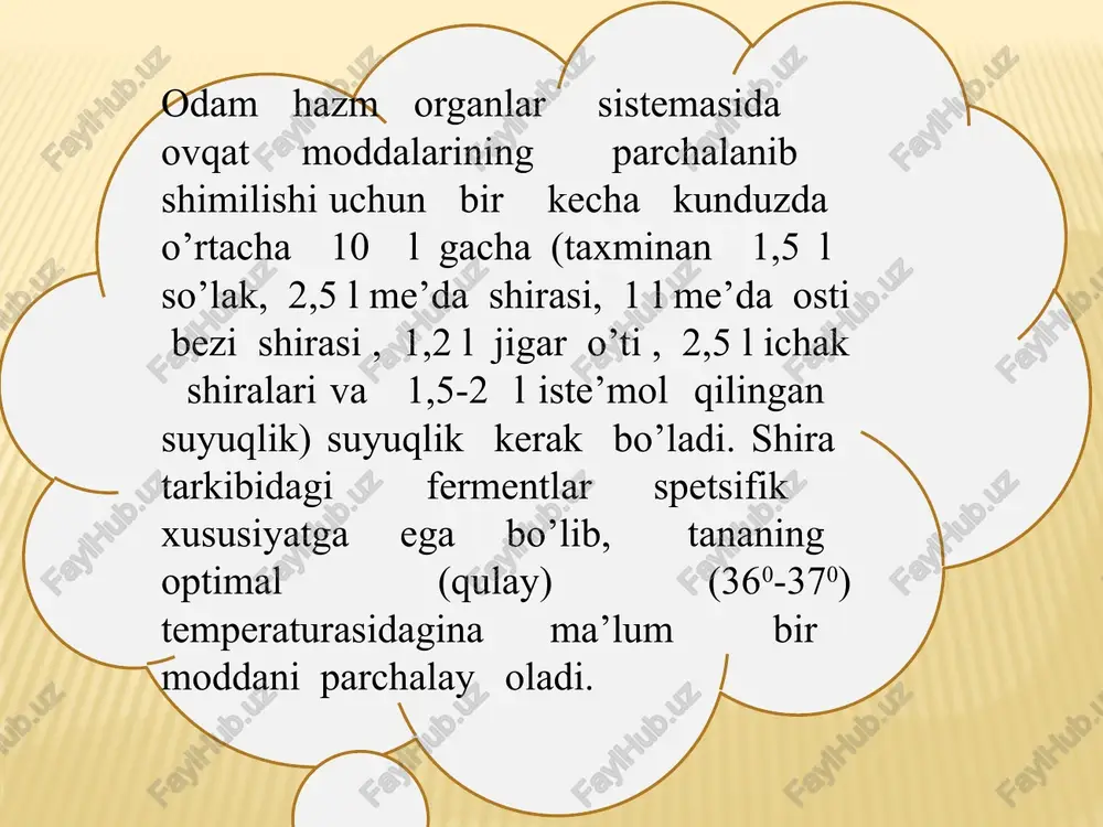 r kuchsiz ishqoriy muhitda faoliyat ko'rsatuvchi amilaza va maltazalardir. amilaza polisaxaridlarni (kraxmal, glikogen) disaxarid maltozagacha parchalaydi. maltaza maltozani glyukozagacha parchalaydi. so‘lakning tarkibida oz miqdorda uchraydigan boshqa fermentlar ham bor: gidrolazalar, oksireduktazalar, transferezalar, proteazalar, kislotali va ishqoriy fosfatazalar. so‘lak tarkibida bakteriotsid ta’sirga ega biogan oqsil tabiatli modda lizotsim (muromidaza) mavjud. so`lakning vazifalari hazmga oid vazifalari – oziq moddalarni namlaydi, shilimshiq (mutsin) moddalar qismlarini biriktirib ovqat luqmasini hosil qiladi, yutilishini osonlashtiradi, tarkibidagi fermentlar ta’sirida oziq moddalar gidrolizi boshlanadi. ekskretor vazifasi – modda almashinuvida hosil bo’lgan ba’zi metabolitlar so‘lak tarkibida chiqariladi, bo’larga siydik kislotasi, mochevinalar kiradi. shuningdek, ayrim dorivor moddalar (xinin, strixnin) va organizmga tashqaridan tushgan moddalarning ayrimlari (simob tuzlari, alkogol) so‘lak tarkibida ajraladi. himoya vazifasi – so‘lak tarkibida lizotsim saqlanganligi tufayli bakteriotsid xossasiga ega. mutsin kislota va ishqorlarni neytrallash xossasiga ega. so‘lak tarkibida ko‘p miqdorda immunoglobulinlar bo’lib, ular patogen mikroorganizmlardan himoya qiladi. so‘lak tarkibida qon ivishi tizimiga oid moddalar aniqlangan, bularga mahalliy …