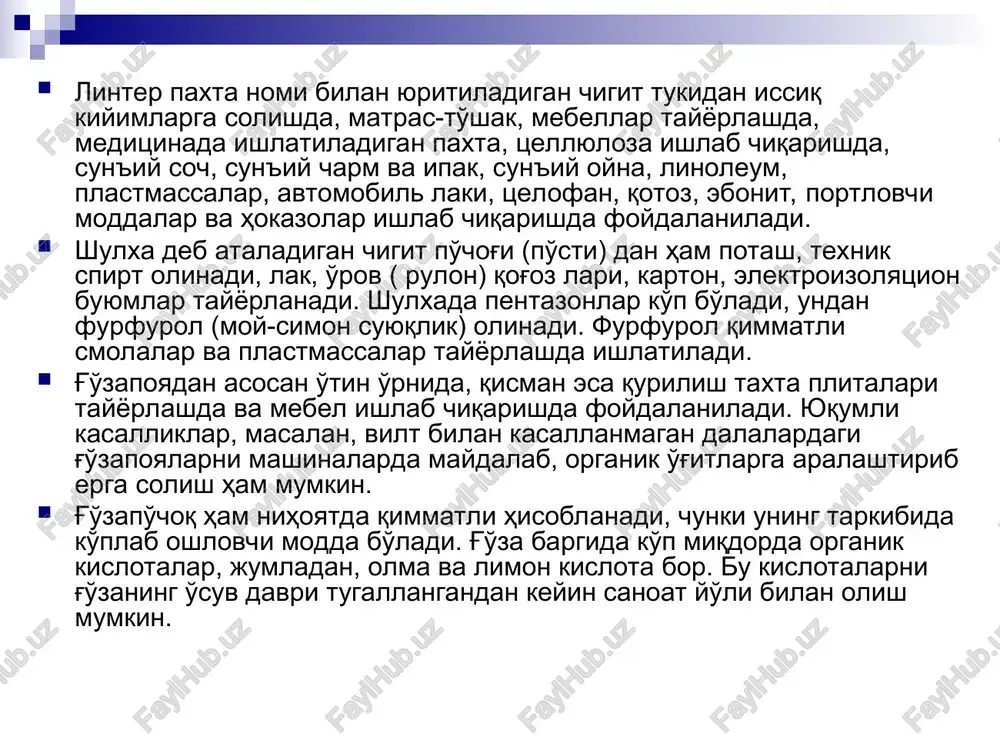 an 5 ta g'o'za turlarining madaniy formalaridan tashqari, asl yovvoyi va yarim yovvoyi (ruderal) formalari ham bor. hozirgi vaqtda ekilayotgan g'o'za turlarining barcha yovvoyi formalari tabiiy sharoitda faqat tropik zonalarda, o'zining kelib chiqqan rayonlarida o'sadi. insoniyat g'o'zadan juda qadim zamonlardan beri foydalanib keladi. odam bundan 15—20 ming yil avvalroq yovvoyi holda o'sgan g'o'zalarning paxta tolasidan foydalangan deb, taxmnn qilinadi. keyinchalik g'o'za ekib dehqonchilik qilish rasm bo'la boshlagan. minglarcha yillar davomida odam o'simlikning eng yaxshi tuplarini tanlab borish yo'li bilan asta-sekin tola sifati yaxshi, birmuncha serhosil madaniy g'o'za navlarini yaratgan. fo'za dastlabki ekib kelingan joylardan yangi-yangi zonalarga, masalan, tropik mintaqadan asta-sekin subtropik mintaqalarga va mo''tadil iqlimli zonalarning birmuncha iliq iqlimli zonasiga, tropik mintaqalarda esa tekisliklardan tog'li joylarga ko'chirilgan. er sharining mana shu geografik kengliklarida g'o'zaning past bo'yli, ertapishar formalari paydo bo'lishi, bu o'simlikning er yuzida yanada ko'proq tarqalishi va ekilish doirasining yanada kengayishi uchun katta imkoniyatlar ochib berdi. hozirgi vaqtda tropik …