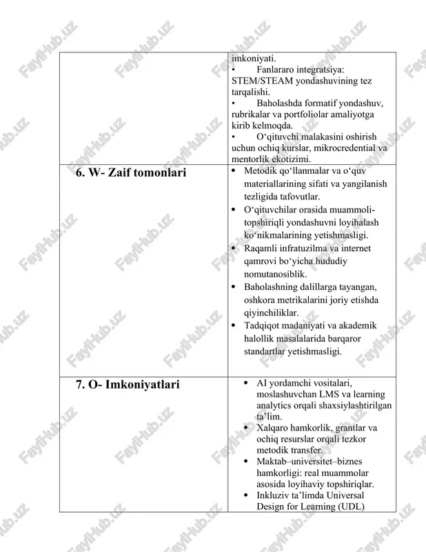 saqlash. 9. o‘qituvchi roli va professional o‘sish o‘qituvchi — fasilitator, dizayner va tadqiqotchiga aylanishi; hamjamiyatda o‘rganish (plc), mentorlik va coaching; kasbiy refleksiya va darsni kuzatish (lesson study) amaliyotlari. 10. akademik halollik va etik madaniyat plagiatga qarshi tizimlar, odob-axloq kodekslari, shaﬀof baholash; raqamli muhitda mualliflik va ma’lumotlar xavfsizligini ta’minlash. suyanish ta’lim sifatini barqaror oshirishning eng muhim 3-mavzu: pedagogik fanlar tizimi (mazmunan qiyoslash) pedagogik fanlar tizimiga kiruvchi asosiy yo‘nalishlar ushbu hujjat pedagogik fanlar tizimini mazmunan qiyoslaydi. maqsad — har bir yo‘nalishning tadqiqot obyekti, asosiy savollari, metodlari, kalit tushunchalari va amaliy qo‘llanish sohalarini aniq ko‘rsatish hamda ular o‘rtasidagi farq va umumiyliklarni jadval asosida taqdim etish. 1. asosiy yo‘nalishlar bo‘yicha qiyosiy jadval yo‘nalish tadqiqot obyekti asosiy savollar asosiy metodlar kalit tushunchalar qo‘llanish darajasi amaliy natijalar umumiy pedagogika ta’lim-tarbiya jarayonining umumiy qonuniyatlari ta’limning maqsadi, vazifasi va tamoyillari qanday? nazariy tahlil, modellashtirish, tarixiy-qiyosiy tahlil maqsad, tamoyil, mazmun, metod, shakl, vosita maktabgacha–oliy ta’lim konseptual model, siyosat va …