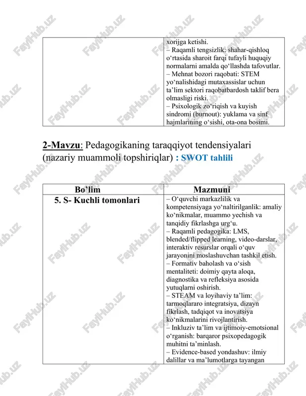 ish – bilimdan ko‘nikma va kompetensiyaga siljish: muammo yechish, ijodkorlik, kommunikatsiya, hamkorlik. 2. raqamli pedagogika – lms, blended/flipped learning, video-darslar, interaktiv resurslar orqali moslashuvchan o‘qitish. 3. sun’iy intellekt va o‘quv analitikasi – shaxsiylashtirilgan o‘qitish, adaptiv topshiriqlar, erta ogohlantirish tizimlari. 4. formativ baholash – doimiy qayta aloqa, rubrikalar, portfoliolar, o‘sish mentalitetini qo‘llab-quvvatlash. 5. steam va loyihaviy ta’lim – fanlararo integratsiya, dizayn fikrlash, maker-space va laboratoriyalarda tajribaga asoslangan o‘qish. 6. inkluziv ta’lim va udl (universal design for learning) – har bir o‘quvchining ehtiyojiga moslashuvchi dars dizayni. 7. ijtimoiy-emotsional o‘rganish (sel) – empatiya, o‘zini boshqarish, jamoada ishlash ko‘nikmalarini rivojlantirish. 8. hayot davomida ta’lim va micro-credential – qisqa modul-kurslar, sertifikatlar, malaka yangilashning moslashuvchan modeli. 9. ochiq ta’lim resurslari (oer) va ochiq fanlar – litsenziyalangan erkin kontent, hamkorlikda kontent yaratish. 10. gamifikatsiya va motivatsiya dizayni – ball, badge, level, questlar orqali ichki motivatsiyani kuchaytirish. 11. tajriba, servis va dual ta’lim – amaliyotga yo‘naltirilgan o‘qish, ish …