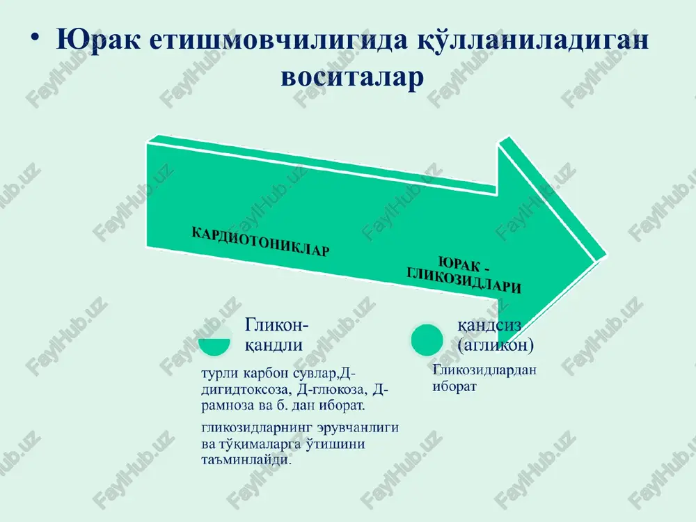 oshi bo'lganligi sababli α- va β- adrenoretseptorlarni ham stimullaydi. o'rtacha terapevtik dozalarda dofamin musbat inotrop ta'sir ko'rsatadi (yurakning β1- retseptorlarini qo'zg'atish hisobiga), buyrak va mezenterial qon tomirlarini kengaytiradi (silliq mushaklardagi dofamin retseptorlarini qo'zg'atish hisobiga). dofamin kardiogen shokda qo'llaniladi. preparat taxikardiya, aritmiya chaqirishi, periferik qon tomirlar qarshiligini va yurak ishini haddan tashqari oshirib yuborishi mumkin. dobutamin dofamin hosilasi bo'lib, β1- adrenomimetik sifatida ko'proq tanlab ta'sir ko'rsatadi. uning kardiotonik ta'siri ko'proq ifodalangan. dobutamin yurakning dekompensatsiya davrida qisqa muddatli stimullovchi sifatida qo'llaniladi. dobutamin taxikardiya, aritmiya, gipertenziya va boshqa nojo'ya ta'sirlarni keltirib chiqaradi. dofamin va dobutamin infuziya yo'li bilan vena ichiga yuboriladi. oxirgi yillarda taxikardiya, aritmiya chaqirmaydigan, arterial bosimni o'zgartirmaydigan sintetik kardiotonik vositalar yaratish borasida chuqur izlanishlar olib borilmoqda. bundan tashqari, preparatlarning musbat inotrop ta'siri koronar qon aylanishini yaxshilab, yurakning kislorodga bo'lgan ehtiyojini oshirmagan holda yuzaga chiqishi maqsadga muvofiqdir. amrinon va milrinon ushbu talablarga qisman javob beradi. ular fosfodiesteraza iii ni ingibirlash hisobiga tsamf …