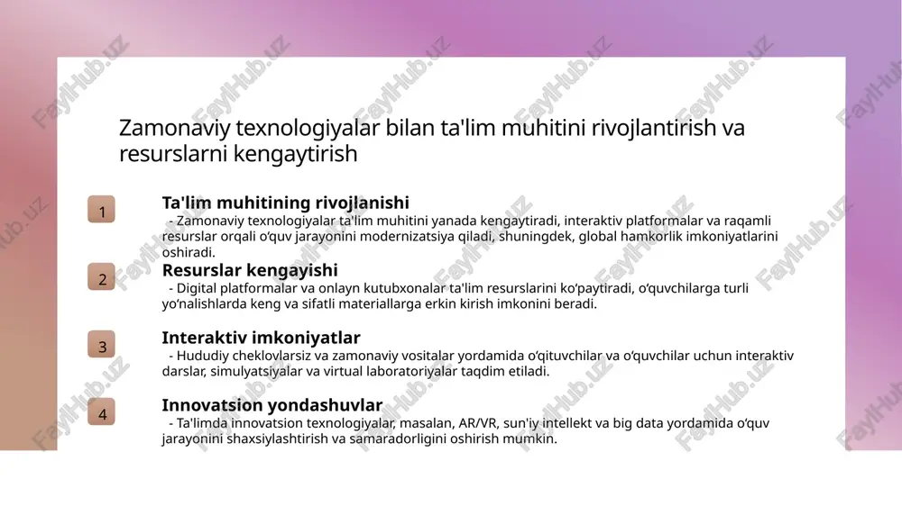 lar bilan bog‘lanish va onlayn kurslar orqali bilim almashinuvi mustahkamlanadi. foydalanilgan adabiyotlar 1. ismoilov, s. a. zamonaviy axborot-kommunikatsiya texnologiyalarining ta'lim jarayonidagi roli. toshkent davlat universiteti matbuoti, 2020. 2. rahmonov, s. interaktiv ta'lim vositalari va ularning ta'lim sifatini oshirishdagi ahamiyati. o'zbekiston pedagogika jurnali, 2021, 12(3), 45-52. 3. tursunov, m. zamonaviy texnologiyalar yordamida ta'lim muhitini kengaytirish. o'zbekiston ta'lim innovatsiyalari markazi, 2019. 4. abdullayev, s. axborot-kommunikatsiya texnologiyalarining pedagogik jarayonlardagi qo'llanilishi. toshkent: o'zbekiston xalq ta'limi institutlari, 2018. 5. yuldashev, a. r. zamonaviy ta'lim texnologiyalarining rivojlanishi va istiqbollari. o'zbekiston respublikasi ta'lim vazirligi nashri, 2022. e'tiboringiz uchun rahmat! /docprops/thumbnail.jpeg