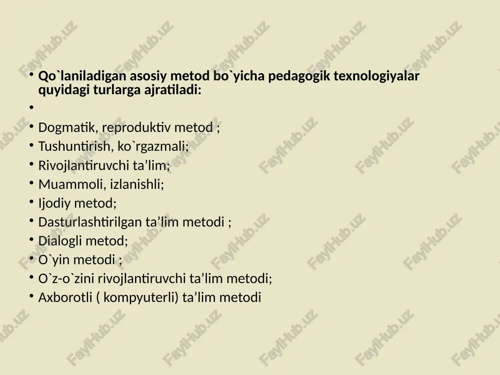 innovatsiyani joriy etish jarayoni ø inkor etish ø qarshilik tadqiq etish ø kengaytirish ø an‘anaviylashtirish innovatsion faoliyatda eng muhim masalalardan biri-o‘qituvchi shaxsidir. o‘qituvchi-novator sermahsul ijodiy shaxs bo‘lishi, kreativlikni, keng qamrovli qiziqish va mashg‘ullikni, ichki dunyosi boy, pedagogik yangiliklarga o‘ch bo‘lishi lozim. foydalanilgan adabiyotlar karimov i.a. ozod va obod vatan, erkin va farovon hayot-pirovard maqsadimiz. t.8. – t.: o’zbekiston, 2000. karimov i. a. vatan ravnaqi uchun har birimiz mas’ulmiz. t.9. – t.: o’zbekiston, 2001. karimov i.a. xavfsizlik va tinchlik uchun kurashmoq kerak. t.10. – t.: o’zbekiston, 2002. bespalko b. slagaemie pedagogicheskoy texnologii.-m.: pedagogika, 1999. barkamol avlod-o’zbekiston taraqqiyotining poydevori.-t.: sharq, 1997. milliy istiqlol g’oyasi: asosiy tushuncha va tamoyillar.-t.: o’zbekiston, 2000 y. farberman b. l, musina r. g., f. a. djumabaeva. oliy o’quv yurtlarida o’qitishning zamonaviy usullari.-t.: 2002. farberman b. l. ilg’or pedagogik texnologiyalar. -t.: fan, 2000. image1.gif image2.gif image3.png image4.jpg image5.jpg