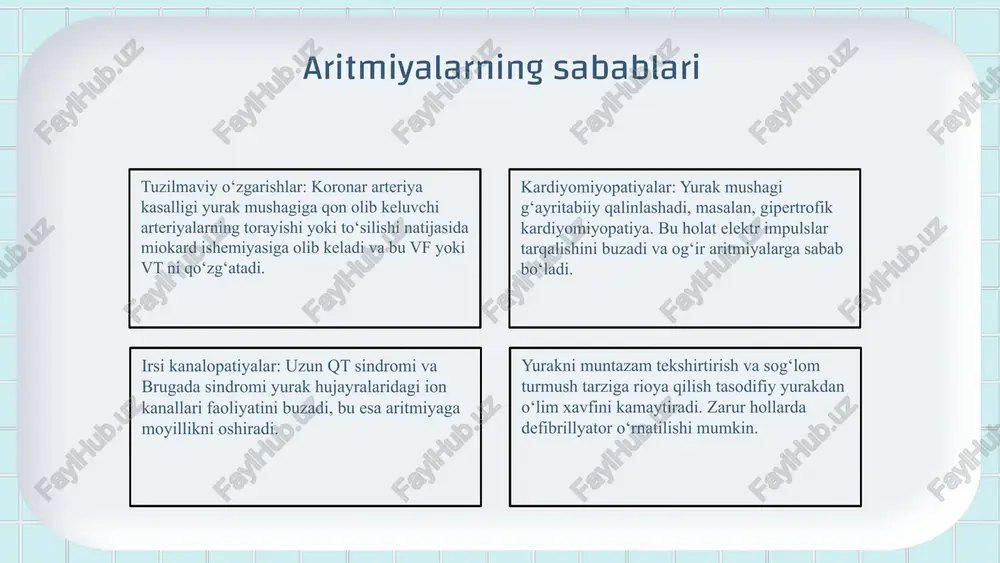 k salomatligi uchun muhimdir. bu amallar yurak kasalliklari xavfini kamaytiradi. ijtimoiy qo‘llab-quvvatlash oilaviy va do‘stona munosabatlar yurak sog‘lig‘ini saqlashda yordam beradi. ijtimoiy qo‘llab-quvvatlash stressni kamaytiradi va sog‘lom turmush tarzini qo‘llab-quvvatlaydi. hayot tarzi o‘zgarishlari foydalari yurak xatarlarini kamaytiradi, sog‘lom va faol hayot kechirishga yordam beradi. uzoq muddatda yurak xastaligi xavfini sezilarli darajada kamaytiradi. xulosa tasodifiy yurakdan o‘lim (scd) yurak ritmining buzilishi va arterial bosimning pasayishi bilan bog‘liq. bu holatlar qon aylanishining to‘xtashiga olib keladi. aritmiya turlari, xususan ventrikulyar fibrillyatsiya va taxikardiya, yurak faoliyatini jiddiy zaiflashtirishi mumkin. irsi kasalliklar, masalan, brugada va uzun qt sindromlari yurak ritmiga ta'sir qiladi. oldini olish uchun defibrillyator o‘rnatish va muntazam tibbiy tekshiruvlar zarur. foydalanilgan adabiyotlar 1. abdullayev, a. yurak ritmining buzilishi va aritmiya. tibbiyot universiteti nashriyoti, 2021 2. karimov, n. va usmonova, s. irsi kasalliklar va yurak nazorati. tibbiyot fanlari jurnali, 2022 3. to'xtasinov, m. sog'lom turmush tarzi va yurak salomatligi. sog'liqni saqlash vazirligi nashriyoti, 2023 …