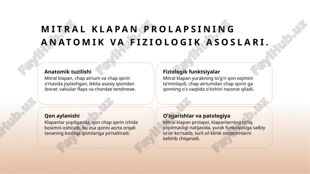 ral klapan prolapsining og'ir shakllari yurak yetishmovchiligi rivojlanishiga olib kelishi mumkin. bu, bemorlarning sog'lig'iga jiddiy ta'sir ko'rsatadi va davolashni talab qiladi. mitral klapan prolapsining davolash usullari: umumiy ko'rinish. 1 dorivor davolash mitral klapan prolapsi uchun beta-blokatorlar va diuretiklar kabi dorilar belgilanishi mumkin. bu dorilar yurak urishini nazorat qilishga yordam beradi. 2 xirurgik aralashuv agar dorilar samarasiz bo'lsa, mitral klapanni tiklash yoki almashtirish kabi jarrohlik amaliyotlari ko'rib chiqiladi. bu usullar bemorning hayot sifatini yaxshilaydi. 3 hayot tarzi o'zgarishlari sog'lom ovqatlanish, muntazam jismoniy faoliyat va stressni boshqarish mitral klapan prolapsi bilan bog'liq simptomlarni kamaytirishi mumkin. bular profilaktika uchun muhimdir. meditsina usullari: dorilar va ularning ta'siri. dorilar turlari mitral klapan prolapsini davolashda beta-blokatorlar va diuretiklar keng qo'llaniladi, ularning maqsadi yurak funksiyasini yaxshilash va simptomlarni kamaytirishdir. ta'siri va foydalari beta-blokatorlar yurak urishini sekinlashtiradi, shuningdek, stress va tashvishni kamaytiradi. bu, bemorlarning umumiy holatini yaxshilaydi va simptomlarni yengillashtiradi. yon ta'sirlar davolash jarayonida dorilar ba'zi yon ta'sirlarni …