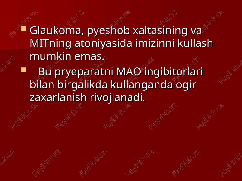 ofyeini bor juda kup tablyetkalar bor. xafa konlik, atyelosklyeroz, uykusizlik, glaukoma, kariyalarda ishlatish mumkin emas.