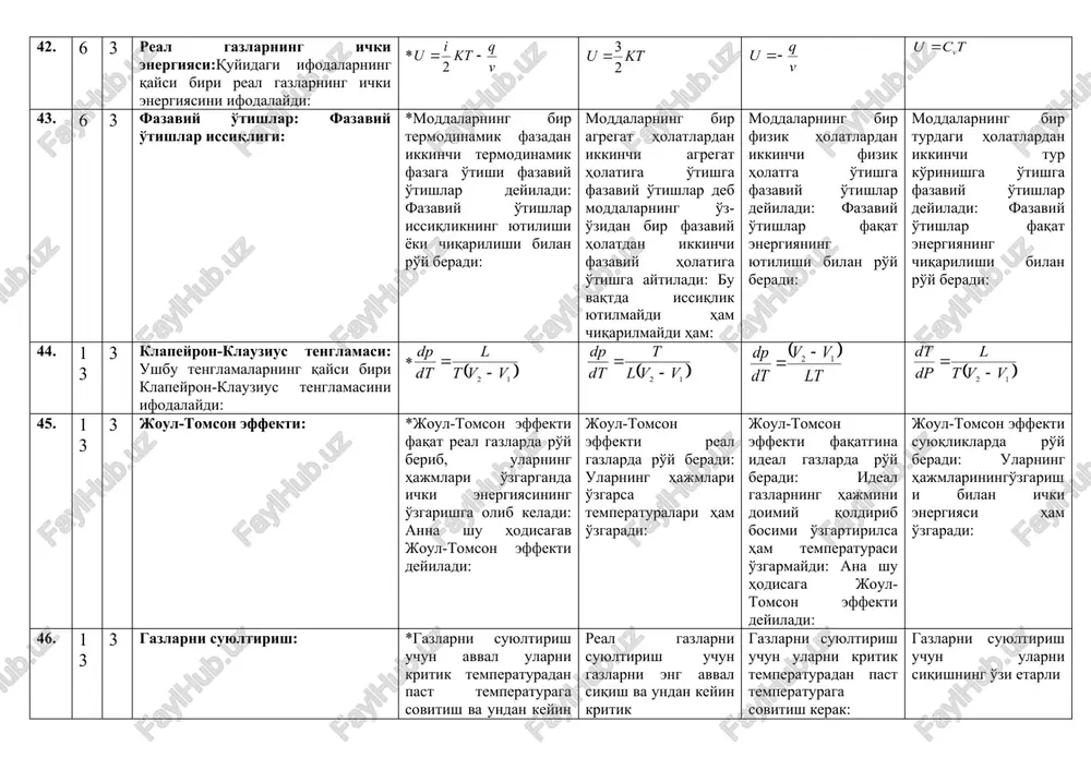 a'sir kuchlariga bog'lik emas: barcha suyuqliklarning issiqlik sig'imlari bir-biridan farq qilmaydi va bir xil qiymatni qabul qiladi: suyuqliklarning issiqlik sig'imlari ularning strukturasiga bog'liq: ammo doimiy hajmdagi issiqlik sig'imi doimiy bosimdagi issiqlik sig'imidan farq qilmaydi: 48. 13 3 suyuqliklarda sirt hodisalari: sirt tarangligi: *sirt yuza birligiga to'g'ri kelgan sirt erkin energiyasiga sirt tarangligi koeffitsienti deyiladi: suyuqliklarning sirt tarangligi koeffitsienti deb sirt yuza birligiga to'g'ri kelgan sirt tarangligi kuchiga aytiladi: suyuqliklarning sirt tarangligi koeffitsienti deb suyuqliik sirt yuza birligiga to'g'ri kelgan qo'shimcha bosimga aytiladi: sirt tarangligi koeffitsienti deb sirt uzunlik birligiga to'g'ri kelgan sirt erkin energiyasiga aytiladi: 49. 5 3 quyidagi formulalarning kaysi biri suyuqliklarning egri sirti ostidagi bosimni ifodalaydi: * 50. 5 3 quyidagi ifodalarning qaysi biri kapillyar naychalarda suyuqlikning ko'tarilishi balandligini ifodalaydi: * 51. 5 3 suyuqliklarning qaynashi: *suyuqliklarning qaynashi deb butun hajmi bo'yicha bug'lanish ro'y beradigan jarayonga aytiladi: bu vaqtda to'yingan bug'ning bosimi tashqi bosimga tenglashadi: suyuqliklar faqat ma'lum …