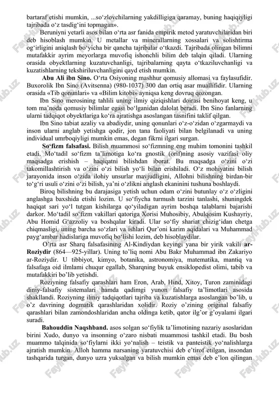 n har qanday xalq taraqqiyoti uchun eng muhim xulosa bo’lib xizmat qiladi. moniy imtto «moniylik yozuvi» nomli alifbo ham tuzgan. uning ta’limoticha, hayotda dastavval nur dunyosi — yaxshilik va zulmat dunyosi— yovuzlik bo’lgan. ular o’rtasida abadiy kurash boradi, inson ikki unsur (ruh — nur farzandi, jism — zulmat mahsuli)dan iborat. moniylik xalq ommasi manfaatlarini himoya qiluvchi tamimot bo’lgani sababli hukmron mafkura qarshiligiga duch kelgan. moniylik ta’limoti asosida mazdak ta’limoti yuzaga kelgan. u eramizning v—vi asrlarida keng tarqalgan edi. uning asoschisi mazdak (470—529-yiliar) bo’lgan. mazdak va uning maslakdoshlari o’z qarashlarida xalq ommasiga suyangan. xalqning ozodlik, erkinlik, hurlik yo’lida olib borgan harakatlariga rahnamolik qilgani uchun tez fursatda ularning maslakdoshlari, izdoshlari ko’payib ketgan. mazdakiylik ijtimoiy tengsizlikni bartaraf etish yo’lida kurashga da’vat etuvchi mafkura sifatida xizmat qilgan. unda asosiy yovuzlik-boylikka hirs qoyish va o’ta kambag’allik qoralanadi. bu insonparvar harakatdan cho’chigan shox mazdakni turli hiylalar bilan o’limga mahkum etadi. mazdakiylar harakati, eramizning vi asrida bostirilganiga …