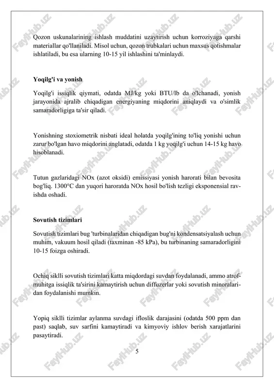 dan yuqori haroratda ishlaydigan ilg'or superkritik bug 'turbinalari texnologiyalari va materialshunoslik sohasidagi innovatsiyalar jadal rivojlanmoqda. uglerodni ushlash va saqlash (ccs) texnologiyalari gaz turbinalaridan chiqadigan co2 emissiyasini 90% gacha kamaytirish, atrof-muhitga ta'sirni minimallashtirish maqsadida keng qo'llanilmoqda. aqlli sensorlar, iot va ma'lumotlar tahlili asosida real vaqt rejimida monitoring qilib, uskunalar holatini baholash va texnik xizmat ko'rsatishni optimallashtirish orqali 15% gacha samaradorlik oshirilmoqda. xulosa issiqlik energetikasi tizimlarini optimallashtirishda, 20% gacha yoqilg'i sarfini kamaytirish va umumiy samaradorlikni 15% ga oshirish mumkin bo'lgan ilg'or boshqaruv algoritmlarini qo'llash muhim. qayta tiklanadigan energiya manbalari integratsiyasi issiqlik elektr stantsiyalarida co2 emissiyasini kamida 30% ga kamaytirishga yordam beradi, bu esa atrof-muhitga ta'sirni kamaytiradi. kelajakda, issiqlik elektr stantsiyalarida 10 mwtgacha quvvatga ega bo'lgan kichik modulli reaktorlardan (smr) foydalanish elektr ta'minotining ishonchliligini oshiradi. xulosa issiqlik energetikasi energetika sohasining muhim qismi boʻlib, elektr energiyasi ishlab chiqarish, sanoat va turar joylarni issiqlik bilan taʼminlashda katta rol oʻynaydi. foydalanilgan adabiyotlar 1. teploenergetika asoslari. v.a. …