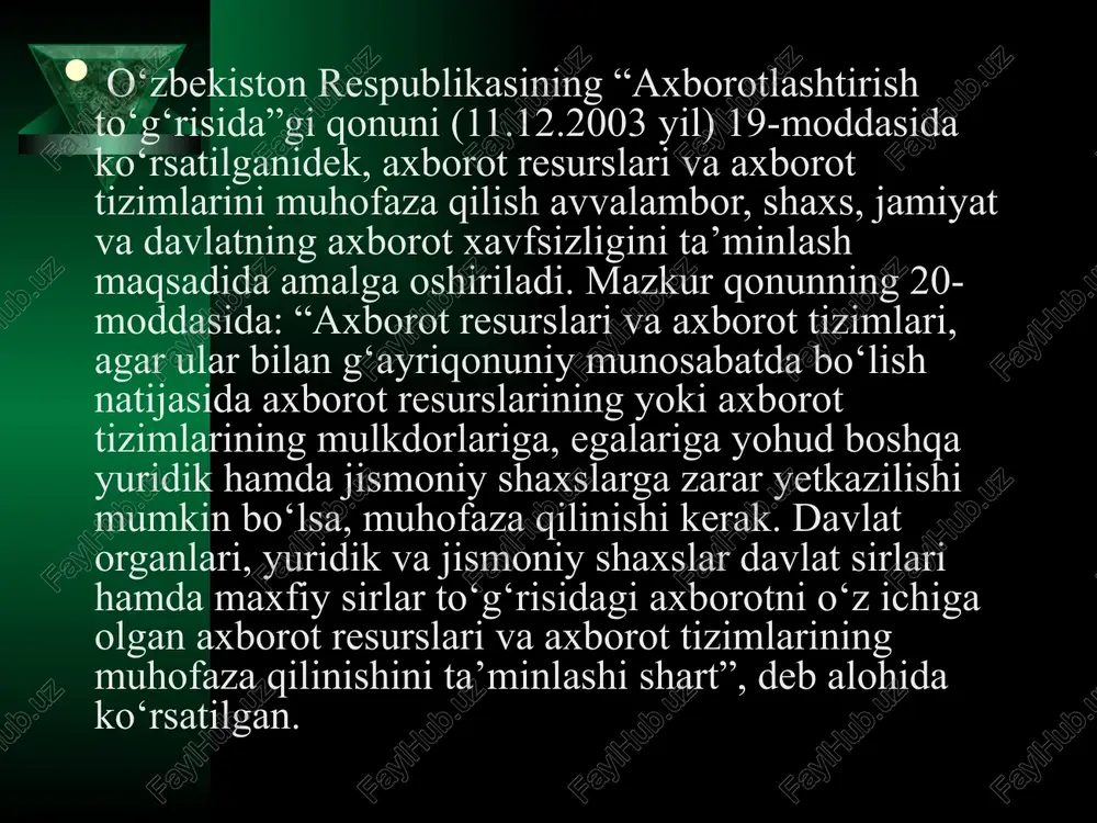 eruvchi axborot texnologiyalari. ular ma'lum algoritmlar bo'yicha boshlang'ich ma'lumotlarga ishlov beruvchi masalalarni echishga mo'ljallangan. masalan, har bir firmada o'zining xodimlari haqidagi axborotga ishlov beruvchi axborot texnologiyasi albatta bo'lishi kerak. 2. boshqarishning axborot texnologiyalari. ularning maqsadi ish faoliyati qaror qabul qilish bilan bog'liq bo'lgan insonlarning axborotga bo'lgan talabini qondirishdan iborat. boshqarishning axborot tizimlari tashkilotning o'tmishi, hozirgi holati va kelajagi haqidagi axborotni ham o'z ichiga oladi. 3. ofis(idora)ning axborot texnologiyasi. avtomatlashtirilgan ofisning zamonaviy axborot texnologiyalari bu - tashkilot ichidagi va tashqi muhit bilan kommunikatsion jarayonlarni kompyuter tarmoqlari va axborotlar bilan ishlovchi boshqa zamonaviy vositalar asosida tashkil etish va qo'llab-quvvatlashdan iborat. buning uchun maxsus dasturiy vositalar ham ishlab chiqilgan. ulardan biri microsoft offise dasturlar paketidir. uning tarkibiga word matn muharriri, excel elektron jadvali, power point taqdimot uchun grafikani tayyorlash dasturi, microsoft access ma'lumotlar omborini boshqarish tizimlari kiradi biznes sohasi axborot texnologiyalari yangi korxona yoki firmaning muvaffaqiyat bilan faoliyat ko'rsatishida katta rol o'ynashi mumkin. …