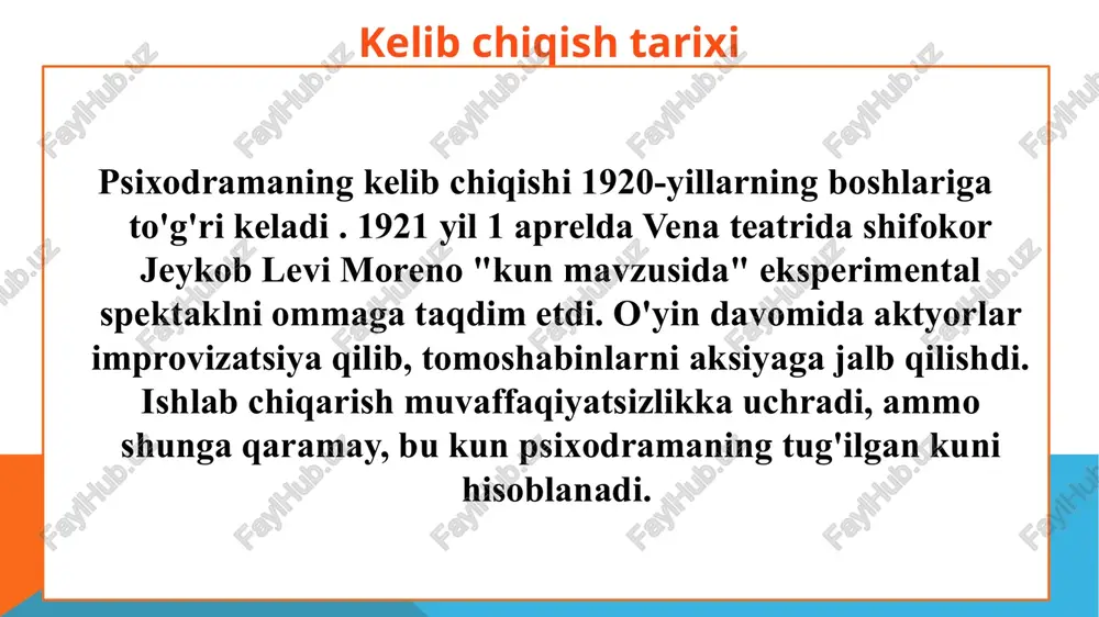 rzda javob berishning takroriy odatini yaratgan vaziyatni qidiramiz. 2. muzdan tushirish yoki blokdan chiqarish, ushbu bosqichda biz mijozda uning munosabat tarzini o'zgartirish uchun motivatsiya va istakni, saqlanib qolgan odatiy, ammo samarasiz xatti-harakatlar modelini ochish va o'z-o'zidan energiya chiqarish istagini yaratamiz. 3. qayta ishlash yoki o'zgartirish, ushbu bosqichda mijoz o'z-o'zidan energiyadan foydalanib, javob berishning yangi usulini, yaratadi va eskisini u bilan almashtiradi. individual psixodrama degan narsa bormi? ? ? albatta! ushbu usul individual maslahatlashuvlarda faol va keng qo'llaniladi. monodramada (individual psixodrama) barcha rollarni mijoz va psixodrama-terapevt bajaradi. sahnani o'ynash uchun biz turli xil narsalardan foydalanamiz: stullar, sharflar, lentalar yoki o'yinchoqlar. bundan tashqari, psixodramada boshqalar bilan o'zaro ta'sir qilish sahnalarini talab qilmaydigan texnikalar mavjud. misol uchun, "monolog" texnikasi mavjud, agar mijoz o'zi his qilayotganini va nimani o'ylayotganini aytsa - buning uchun boshqa odamlar kerak emas. go'yo u o'zi bilan suhbat qurayotganga o'xshaydi: u maslahatlashadi, muammoga munosabatini bildiradi, his-tuyg'ularini bildiradi. ushbu uslub mijozga …