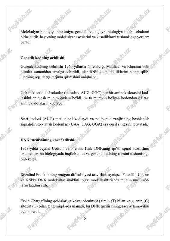 o'zgarishlar yaratib, 2030-yilgacha keng qo'llaniladi. sun'iy intellekt va mashinaviy o'rganish farmatsevtika sohasida yangi dorilarning yaratilishini tezlashtirib, 2025-yilga borib klinik sinovlar muddatini 40% ga qisqartiradi. sintetik biologiya hujayralarni qayta loyihalash orqali yangi biomateriallar va bioyoqilg'ilar ishlab chiqarishga imkon beradi, 2040-yilga kelib neftga qaramlikni 25% ga kamaytiradi. xulosa biokimyo va molekulyar biologiya biologiya fanlari orasida muhim o'rin egallaydi, hayotiy jarayonlarni tushunish va rivojlantirishda asosiy rol o'ynaydi. foydalanilgan adabiyotlar 1. frifelder, d. (1982). molekulyar biologiya. jons va bartlett nashriyoti. 2. strayer, l. (1995). biokimyo. 4-nashr. w. h. friman va kompaniya. 3. voyt, d., va voyt, j. g. (2018). biokimyo asoslari. jon viley va o'g'illar. 4. beker, v. m 2