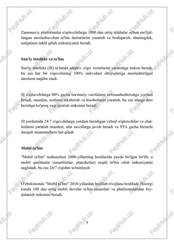 ajriba orqali bilim olishga imkon beradi. virtual reallik (vr) texnologiyalari orqali tarixiy joylarga sayohat qilish, o'quvchilarning materialni tushunish darajasini 30% ga oshiradi, qiziqarli muhit yaratadi. xulosa zamonaviy texnologiyalarni o'qituvchi tomonidan qo'llash 21-asr ko'nikmalarini (4k) rivojlantirish, jumladan, tanqidiy fikrlash va kreativlikni rag'batlantirish uchun muhimdir. o'qituvchilar virtual laboratoriyalar va interaktiv simulyatsiyalardan foydalanib, 3d modellari orqali mavzularni vizualizatsiya qilishlari mumkin, bu esa tushunish darajasini 60% ga oshiradi. pedagogik strategiyalarni ai yordamida moslashtirish orqali har bir o'quvchiga individual yondashuv ta'minlanadi, bu esa o'zlashtirish ko'rsatkichini 25% ga oshirishi mumkin. xulosa pedagogikada o'qituvchi tomonidan zamonaviy texnologiyalardan foydalanish ta'lim jarayonini yanada samarali va qiziqarli qiladi. foydalanilgan adabiyotlar 1. zamonaviy texnologiyalardan ta'lim jarayonida o'qituvchi tomonidan foydalanish. (modern technologies' use by teacher in the educational process.) 2. pedagogik texnologiyalar va ta'lim sifatini oshirish. (pedagogical technologies and improving education quality.) 3. ta'limda axborot kommunikatsiya texnologiyalari (akt) dan foydalanishning pedagogik asoslari 2