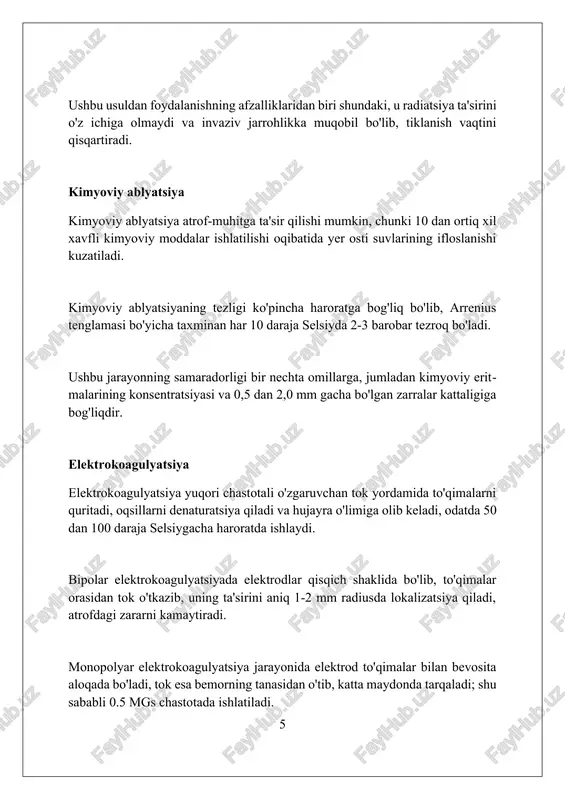 myoviy peeling kosmetik ablatsiyaning yana bir turi bo'lib, alfa-gidroksi kislotalar (aha) yoki trikloroasetik kislota (tca) kabi kislotalar yordamida terini eksfoliatsiya qiladi, 1-2 haftada terini yangilaydi. ablyatsiyaning afzalliklari va xavflari afzalliklar orasida yurak aritmiyalarini 90% gacha samarali davolash va dori-darmonlarga bo'lgan ehtiyojni kamaytirish kiradi, bu esa nojo'ya ta'sirlarni yo'q qiladi. xavflarga qon ketishi, infektsiya yoki yurak teshilishi kabi 1% dan kam holatlarda uchraydigan asoratlar kiradi, lekin ular jiddiy bo'lishi mumkin. ablatsiya atriyal fibrilatsiyani davolashda 70-80% muvaffaqiyatga erishadi, ammo ba'zi bemorlarga bir nechta protseduralar kerak bo'lishi mumkin. xulosa ablatsiya turlari turli xil boʻlib, har biri muayyan kasalliklarni davolash uchun moʻljallangan boʻlib, eng maqbul usulni tanlash bemorning holatiga bogʻliq. foydalanilgan adabiyotlar 1. lazeri bilan ablasyon: [kerakli manba] 2. radiochastotali ablasyon (rfa): [kerakli manba] 3. mikroto'lqinli ablasyon (mwa): [kerakli manba] 4. krioablasyon (muzlatish ablasyoni): [kerakli manba] 5. kimyoviy ablasyon: [kerakli manba] 6. ultratovush bilan fokuslangan ablasyon (hifu): [kerakli manba] 7 2
