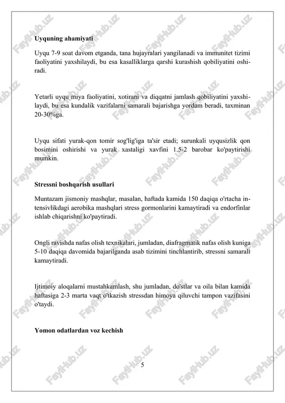 n usul. mayo clinic. https://www.mayoclinic.org/healthy-lifestyle/adult-health/in-depth/health-tips/art-20047868 3. sog'lom turmush tarzini qanday yuritish kerak. national health service (nhs). https://www.nhs.uk/live-well/eat-well/how-to-eat-a-balanced-diet/eight-tips-for-healthy-eating/ 4. sog'lom turmush tarzi bo'yicha maslahatlar 2