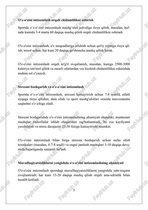 70 yoshdan keyin ham aktiv bo'lish imkonini beradi. o'z-o'zini intizomlash orqali sportda qat'iyatlilikni rivojlantirasiz. bu esa stressni boshqarishga yordam beradi va depressiya xavfini 30% ga kamaytiradi. sportda intizomli bo'lish sizga maqsadlarga erishishda sabrli bo'lishni o'rgatadi, 12 oy davomida tartibli mashg'ulotlar natijasida ko'zlagan natijaga erishishingizni ta'minlaydi. xulosa sport bilan shug'ullanishda o'z-o'zini intizomga solish muvaffaqiyat, rivojlanish va qiyinchiliklarni yengish uchun juda muhimdir. foydalanilgan adabiyotlar 1. baumrind, d. (1991). the influence of parenting style on adolescent competence and substance use. journal of early adolescence, 11(1), 56-95. 2. duckworth, a. l., seligman, m. e. p. (2005). self-discipline outdoes iq in predicting academic performance of adolescents 2