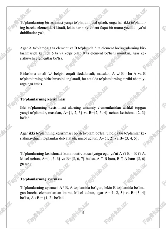 losa to'plamlar va ular ustidagi amallar matematikada muhim asos bo'lib, turli sohalarda muammolarni hal qilishda qo'llaniladi va mantiqiy fikrlashni rivojlantiradi. foydalanilgan adabiyotlar 1. halmos, p.r. (1960). sodda to'plamlar nazariyasi. van nostrand. 2. enderton, h.b. (1977). matematik mantiqning elementlari. academic press. 3. suppes, p. (1960). aksomatik to'plamlar nazariyasi. van nostrand. 4. jech, t. (2003). to'plamlar nazariyasi: uchinchi mingyillik nashri, reviziya qilingan va kengaytirilgan 2