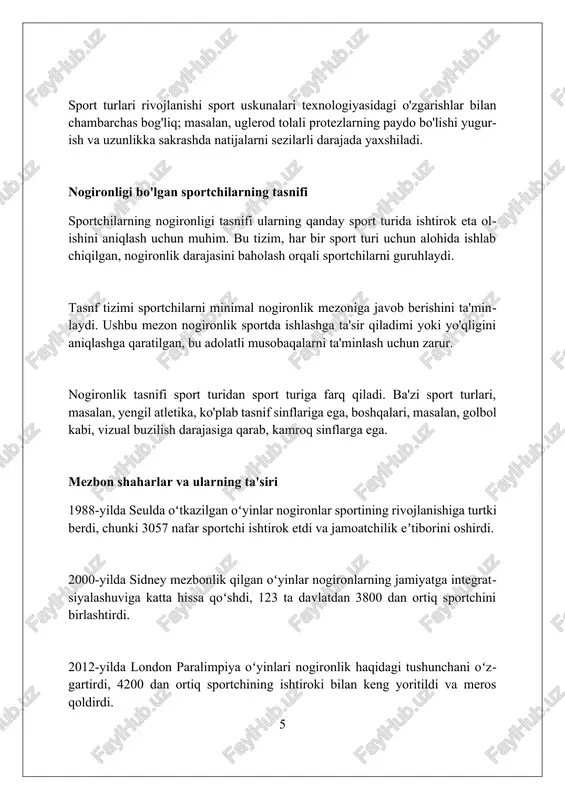 20 dan ortiq sport turlari bo'yicha yuqori darajadagi musobaqalarda qatnashish imkoniyatini yaratadi, bu esa inklyuziyani rivojlantiradi. paralimpiya o'yinlari infratuzilmasi va texnologiyalari nogironligi bo'lgan shaxslar uchun 160 dan ortiq mamlakatda hayot sifatini yaxshilashga yordam beradi. xulosa xulosa shuni ko'rsatadiki, yozgi paralimpiya o'yinlari 1960-yildan beri nogironligi bo'lgan sportchilar uchun muhim global sport musobaqasi bo'lib kelgan. dastlabki o'yinlar asosan ikkinchi jahon urushidan keyin jarohatlangan faxriylarga mo'ljallangan bo'lsa, keyinchalik 20 dan ortiq sport turlarini o'z ichiga olgan holda o'sdi. xulosa qilib aytganda, paralimpiya o'yinlari imkoniyatlar yaratib, jamiyatning inklyuzivligini targ'ib qilishda katta rol o'ynaydi va shu bois ahamiyatlidir. xulosa yozgi paralimpiya o'yinlari tarixiga nazar tashlasak, nogironligi bo'lgan sportchilar uchun inklyuziv imkoniyatlar yaratishda muhim rol o'ynaganini ko'ramiz. foydalanilgan adabiyotlar 1. brittain, i. (2012). the paralympic games: the first 50 years. champaign, il: human kinetics. 2. depauw, k. p., gavron, s. j. (2013). disability sport. champaign, il: human kinetics. 3. howe, d. (2008) 2