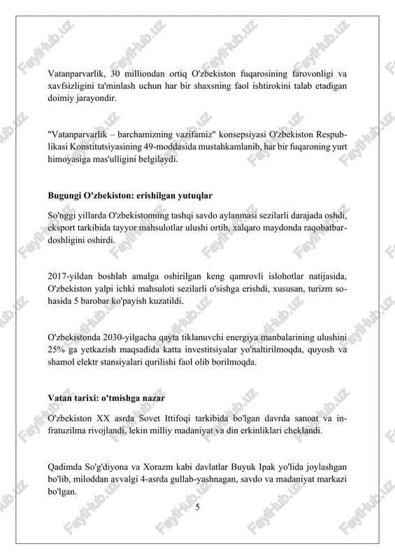 salliklari xavfini kamaytiradi. vatan ravnaqi uchun harakat "vatan ravnaqi uchun harakat" milliy yuksalish umummilliy harakati bilan birgalikda 5 ta ustuvor yo'nalishni belgilab, 2022-2026 yillarga mo'ljallangan rivojlantirish strategiyasini amalga oshirishga qaratilgan. "vatan ravnaqi uchun harakat" jamg'armasi tashabbusi bilan 2023-yilda "yangi o'zbekiston" universitetida 150 dan ziyod talabaga vatanparvarlik ruhida ta'lim berish bo'yicha loyihalar amalga oshirildi. bu harakat "taraqqiyot strategiyasi" markazi bilan hamkorlikda 100 dan ortiq ekspertlar ishtirokida 30 dan ortiq siyosat hujjatlarini ishlab chiqishda faol ishtirok etdi va takliflar berdi. kelajak avlodlarga munosib meros qoldirish 2030-yilgacha barqaror rivojlanish maqsadlariga erishish orqali tabiiy resurslarni saqlash, ekologik muvozanatni ta'minlash kelajak avlod uchun muhim merosdir. ta’lim tizimini modernizatsiya qilish, stem sohalariga e’tiborni kuchaytirish, innovatsion g’oyalarni qo’llab-quvvatlash 21-asr avlodlariga bilimli jamiyat qurishga zamin yaratadi. milliy madaniy merosni asrab-avaylash, 100 dan ortiq tarixiy obidalarni restavratsiya qilish, o’zbek tilini rivojlantirish ma’naviy boyliklarni kelajak avlodlarga yetkazish demakdir. atrof-muhitni muhofaza qilish o'zbekistonda chiqindi poligonlari atrof-muhitga jiddiy ta'sir ko'rsatadi, metan gazini …