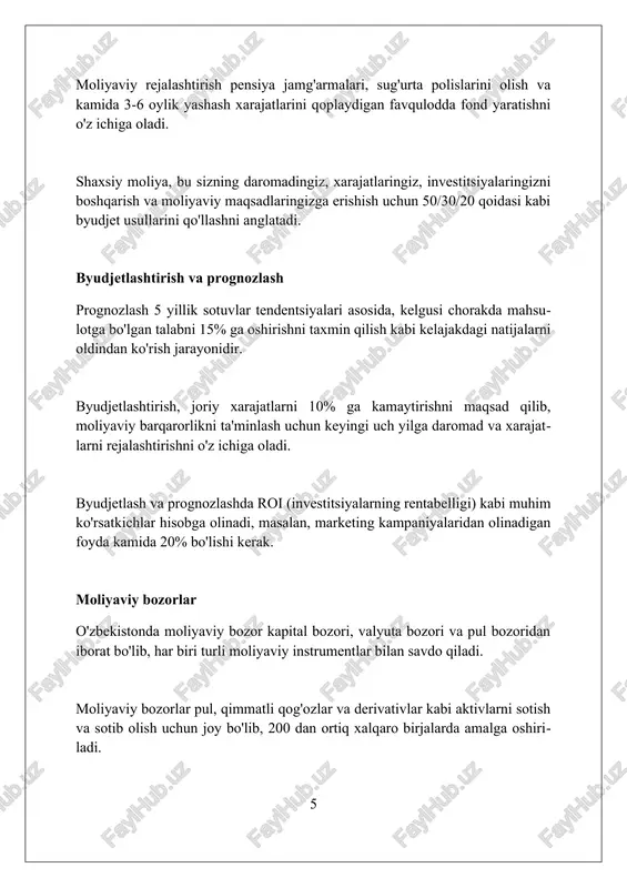 liyaviy hisobotlar kompaniyaning moliyaviy holatini, faoliyat natijalarini va pul oqimlarini aniq va xolis ko'rsatadigan standartlashtirilgan hujjatlardir. riskni boshqarish riskni boshqarishda erta bosqichlarda risklarni aniqlash muhim, masalan, swot tahlili orqali, bu kompaniyaga potential xavflarni va imkoniyatlarni baholashga yordam beradi. moliyaviy riskni boshqarishda diversifikatsiya strategiyasi aktivlarni turli xil investitsiyalarga taqsimlashni o'z ichiga oladi, bu esa 20% gacha bo'lgan yo'qotishlarni kamaytirishi mumkin. sug'urta polislari moliyaviy risklarni boshqarishning bir usuli hisoblanadi, bu kompaniyaga kutilmagan hodisalar natijasida kelib chiqadigan 80% gacha moliyaviy zararni qoplashga yordam beradi. moliyaviy institutlar moliyaviy institutlar, masalan, tijorat banklari, jamg'arma kassa va kredit uyushmalari, aktivlarni boshqaradi va 80% gacha depozitlarni qabul qiladi. sug'urta kompaniyalari, pensiya fondlari va hedge fondlar 10 trillion dollardan ortiq aktivlarni boshqaradi va risklarni boshqarishda muhim rol o'ynaydi. investitsiya banklari ipo (birinchi ommaviy taklif) va obligatsiyalar emissiyasi kabi kapital bozorlari orqali 20% korporativ moliyalashtirishni ta'minlaydi. xalqaro moliya xalqaro moliya valyuta kurslari riskini boshqarishni o'z ichiga oladi, bu firmalarga …