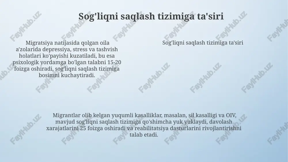 'i vataniga qaytgach, kichik biznesni boshlashga intiladi. davlat tomonidan ularni qo'llab-quvvatlash uchun maxsus imtiyozli kreditlar va grantlar ajratish tavsiya etiladi. migratsiya natijasida yaimning o'sishi 0,5-1% gacha bo'lishi mumkin, ammo bu malakali kadrlarning yo'qolishi bilan bog'liq xavflarni hisobga olishni talab qiladi, shuning uchun maxsus dasturlar zarur. e'tiboringiz uchun rahmat @taqdimot_robot image4.png image3.jpeg