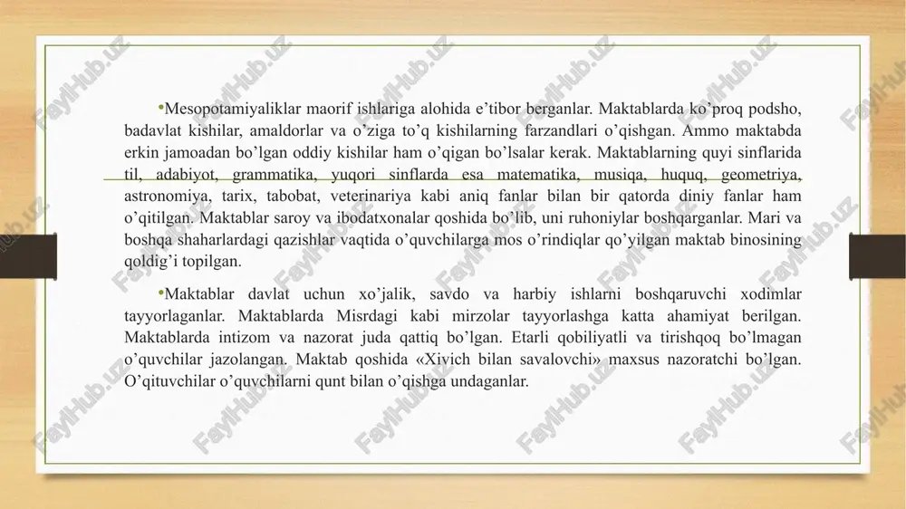 ateriallarni sinchiklab tanlash kerakligini xam uqtirib o’tadi. u bolalarga eng yoshlik chog’idanoq ijtimoiy tarbiya berish tarafdori edi. bolalar 7 yoshdan 12 yoshgacha davlat maktablariga qatnaydilar va bunday maktablarda o’qish, yozish, xisob, musiqa va ashula o’rgatiladi bolalar 12 yoshdan 16 yoshgacha odatdagi badantarbiya mashqlari o’rganiladigan palestrada, ya’ni jismoniy tarbiya maktabida o’qiydilar. palestrani tamomlagan o’spirinlar 18 yoshgacha xisob, geometriya va astronomiyani o’rganadilar, bunda ko’proq amaliy maqsadlar (ularni jangchilar qilib tayyorlash) ko’zda tutilgan. 18 yoshdan 20 yoshgacha yigitlar «efebiya»da tarbiyalanadilar, ya’ni xarbiy gimnastika tayyorgarligini o’taydilar. aqliy mashg’ulotga mayli bo’lmagan yigitlar 20 yoshdan boshlab, jangchilar qatoriga o’tadilar. abstrakt tafakkurga qobiliyati borligi ochiq ko’ringan yoshlar, ya’ni yigitlarning ozroq qismi 30 yoshga qadar falsafa, shuningdek, xisob, geometriya, astronomiya va musiqa nazariyasini o’rganish bilan shug’ullanib, shu tariqa ilm olishning uchinchi, oliy bosqichini o’taydilar, ammo bunda amaliy maqsad ko’zda tutilmasdan, balki falsafa—nazariyani mukammal o’rganish ko’zda tutiladi. shu tariqa ular davlat mansablarida ishlashga tayyorlanadilar. iste’dodi g’oyat o’tkir ekanligi ma’lum …