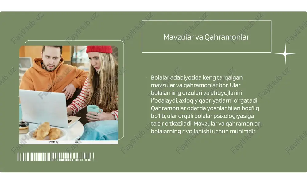 ijodiy yondashuvlarning ahamiyati ijodiy yondashuvlar bolalar adabiyotini rivojlantiradi, ularning ijodiy fikrlashini va madaniy-axloqiy qadriyatlarni shakllantirishda muhim rol o‘ynaydi. bu yondashuvlar yosh avlodning ma’naviy rivojlanishini ta’minlaydi. qahramonlarning xilma-xilligi bolalar adabiyotidagi mashhur qahramonlar keng spektrni qamrab oladi, ular orqali yoshlar uchun ta'sirchan va yodda qolarli hikoyalar yaratiladi. qahramonlar yuzasidan cheklovlar ba'zan qahramonlar faqatgina an'anaviy yoki stereotipik xususiyatlarga ega bo'lishi mumkin, bu esa ijodiy yondashuvlarni cheklaydi. yangi qahramonlar yaratish imkoniyatlari modern texnologiyalar va zamonaviy muhitda yangi va innovatsion qahramonlar bilan bolalar adabiyotini boyitish imkoniyati mavjud. qahramonlarning yuzaki tasviri yuzaki yoki stereotipik qahramonlar bolalarning rivojlanishiga salbiy ta'sir qilishi mumkin, shuningdek, haqiqiy hayot bilan bog'liqlikni kamaytiradi. s w o t amaliy misollar: mavzular bolalar adabiyotidagi mavzular va yondashuvlar bolalar adabiyotida mavzular muhim rol o'ynaydi, ular orqali insoniy qadriyatlar va madaniyat tarbiyasi amalga oshiriladi. mavzular ijodiy yondashuvlar bilan yangi shakl va shakllarda taqdim etiladi. mavzular misollar bilan ko'rsatish misollar: do'stlik, tabiat, o'z-o'zini anglash mavzulari hikoyalar, she'rlar …