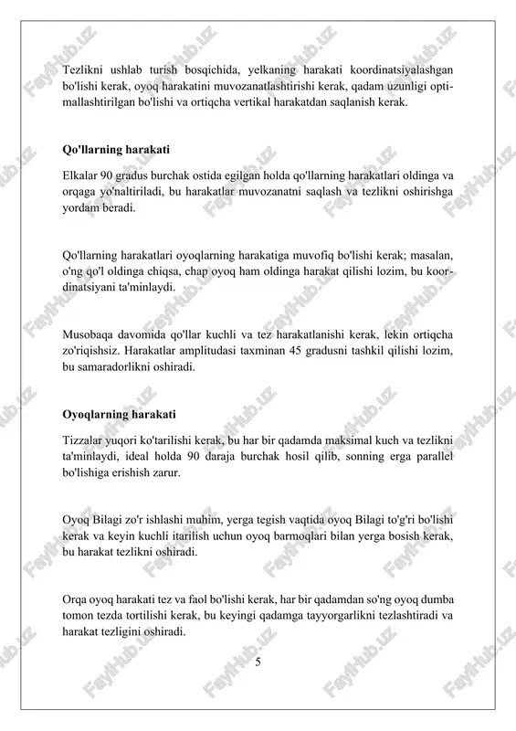 ilishi, samarali o'qitishning asosiy elementi ekanligi ta'kidlanadi. xulosa, sportchilarning 100 metrga yugurish vaqtini yaxshilash uchun start qoidalarini (masalan, start bloklaridan foydalanish) va umumiy sprint texnikasini (masalan, oyoq harakatlarini optimallashtirish) integratsiyalash zarurligini ko'rsatadi. xulosa sprint texnikasi va start qoidalarini o'rgatish yosh sportchilarga tezlikni oshirishga va musobaqalarda muvaffaqiyat qozonishga yordam beradi. foydalanilgan adabiyotlar 1. blau, dj. (2016). tez yugurishni o'rgatish: mutaxassislar usullari. inson kinetikasi. 2. grem, j. (2018). tezlikni rivojlantirish bo'yicha to'liq qo'llanma. champion kutubxonasi. 3. mann, b., merfi, a. (2012). tezlikni mexanikasi. inson kinetikasi. 4. natsionalnaya federatsiya gosudarstvennix visshix shkol (nfhs) 2
