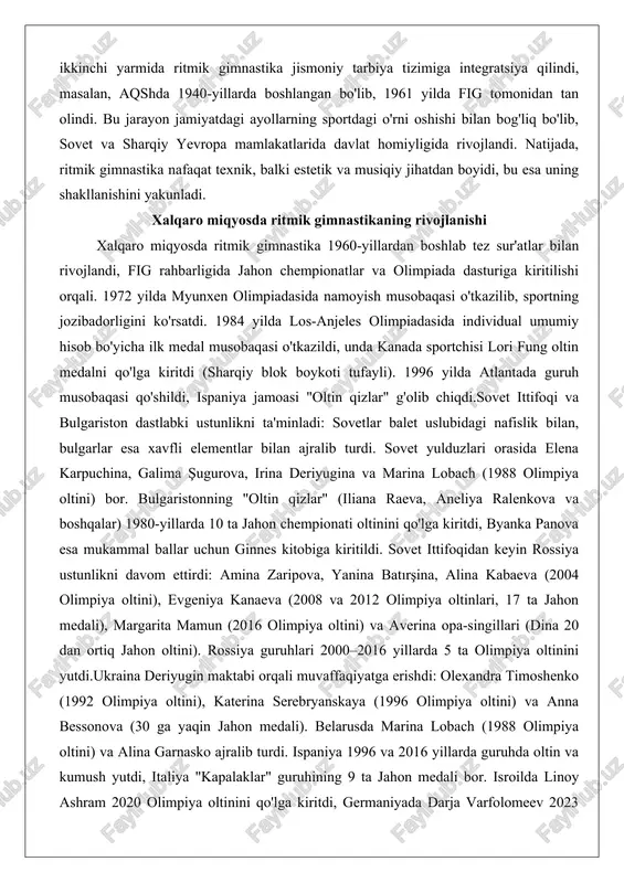 0-yillardan boshlab tez sur'atlar bilan rivojlandi, fig rahbarligida jahon chempionatlar va olimpiada dasturiga kiritilishi orqali. 1972 yilda myunxen olimpiadasida namoyish musobaqasi o'tkazilib, sportning jozibadorligini ko'rsatdi. 1984 yilda los-anjeles olimpiadasida individual umumiy hisob bo'yicha ilk medal musobaqasi o'tkazildi, unda kanada sportchisi lori fung oltin medalni qo'lga kiritdi (sharqiy blok boykoti tufayli). 1996 yilda atlantada guruh musobaqasi qo'shildi, ispaniya jamoasi "oltin qizlar" g'olib chiqdi.sovet ittifoqi va bulgariston dastlabki ustunlikni ta'minladi: sovetlar balet uslubidagi nafislik bilan, bulgarlar esa xavfli elementlar bilan ajralib turdi. sovet yulduzlari orasida elena karpuchina, galima şugurova, irina deriyugina va marina lobach (1988 olimpiya oltini) bor. bulgaristonning "oltin qizlar" (iliana raeva, aneliya ralenkova va boshqalar) 1980-yillarda 10 ta jahon chempionati oltinini qo'lga kiritdi, byanka panova esa mukammal ballar uchun ginnes kitobiga kiritildi. sovet ittifoqidan keyin rossiya ustunlikni davom ettirdi: amina zaripova, yanina batırşina, alina kabaeva (2004 olimpiya oltini), evgeniya kanaeva (2008 va 2012 olimpiya oltinlari, 17 ta jahon medali), margarita …