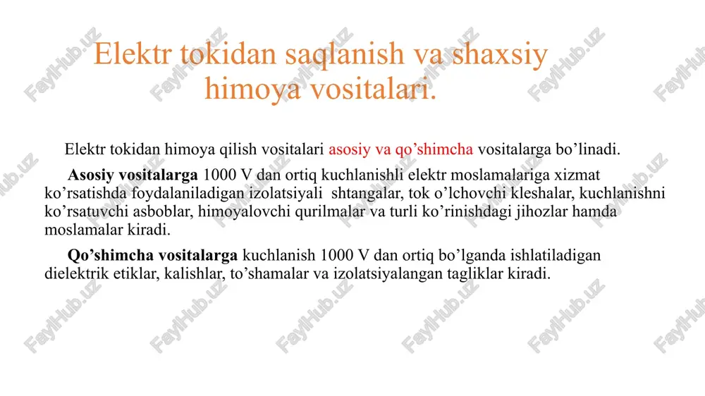 va davolash – profilaktika tadbirlari hamda texnik vositalari tizimidan iborat. 2. ishlab chiqarishdagi baxtsiz hodisa – xavfli va zararli omillar ta’sirida ishchining sog’ligini va ish qobiliyatini ma’lum muddatga yuqotishi. 3. jarohatlanish – xavfli omillar ta’sirida tan jarohati olib, ish qobiliyatini yuqotish. 4. kasb kasalligi – ishlab chiqarishdagi nomaqbul zararli omillarni ruxsat etilgan miqdordan ortiq bo’lishi va ularni kishi organizmiga uzoq vaqt ta’sir etishi oqibatidayuzaga keladigan inson organizmidagi salbiy o’zgarishlar. 5. xavf – inson faoliyati davrida uning sog’ligiga va ish qobiliyatiga bevosita yoki bilvosita salbiy ta’sir etuvchi, ko’ngilsiz oqibatlarga olib keluvchi holat, jarayon, obyekt va vositalar. mehnat sharoitini aniqlovchi asosiy omillari tahlili baxtsiz hodisalarning sabablari asosan quyidagi 4 guruhga bo’linadi: texnikaviy, sanitar-gigiyenik, tashkiliy va psixofiziologik. texnikaviy sabablarga mashina va mexanizmlar hamda ish jihozlarining nosozligi, elektr qurilmalarining yerga ulanmaganligi, yuklash – tushirish mashinalaridan noto’g’ri foydalanish, mashina va mexanizmlar konstruksiyasini mehnat muhofazasi talablariga javob bermasligi kabilar kiradi. sanitar – gigiyenik sabablarga esa mehnat …