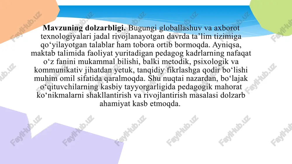 1.pedagogik muloqotda kompetensiyaviy yondashuvni amalga oshirish funksiyalari muloqot asosida ma’naviy madaniyatni shakllantirish mezonlari va omillari.inson o‘z qadr-qimmatini va o‘zligini umumta’lim maktablarida ta’lim-tarbiya jarayonida anglay boshlaydi. ta’lim muassasalarida o‘qi­tuvchi tomonidan o‘zaro muloqot asosida olib boriladigan quyidagi xususiyatlar negizida o‘quvchilarda muloqot orqali ma’naviy madaniyatni shakllantirish mezonlari ifodalangan: har bir insonning qiziqishlarini ko‘ra bilish, his etish va hurmat qilish; milliy-ma’naviy madaniyat manbalarini o‘rganish, o‘zligini anglashga ehtiyoj; inson hayotida mehnatning o‘rnini to‘g‘ri tushunish; insonparvarlik, mehr-oqibat, iymon, e’tiqod, milliy qadriyatlarni e’zozlash; vatanga muhabbat, sadoqat, o‘z manfaatlarini jamiyat, xalq man-faatlaridan yuqori qo‘ymaslik; ota-ona, qarindoshlar va boshqa atrof-muhitidagi kishilarga nis­batan muruvatli, saxovatli bo‘lish. shunday qilib, pedagogik konfliktologiyaning maqsadini o‘qituvchilar tarkibida shaxslararo muloqotning barcha turlarini optimallashtirish; bolalar, o‘qituvchilar, ota-onalarga pedagogik nizolarning oldini olish va hal etishda psixologik-pedagogik yordam ko‘rsatish; identifikatsiya va integratsiya jarayonlarini tartibga solish va boshqalar belgilab beradi. iiii bob. o‘qituvchi pedagogik muloqot jarayonida pedagogik muloqot yondashuvlr va ajdodlar merosi orqali bu jarayonni o‘rganishning ahamiyati 3.1. o‘qituvchi …