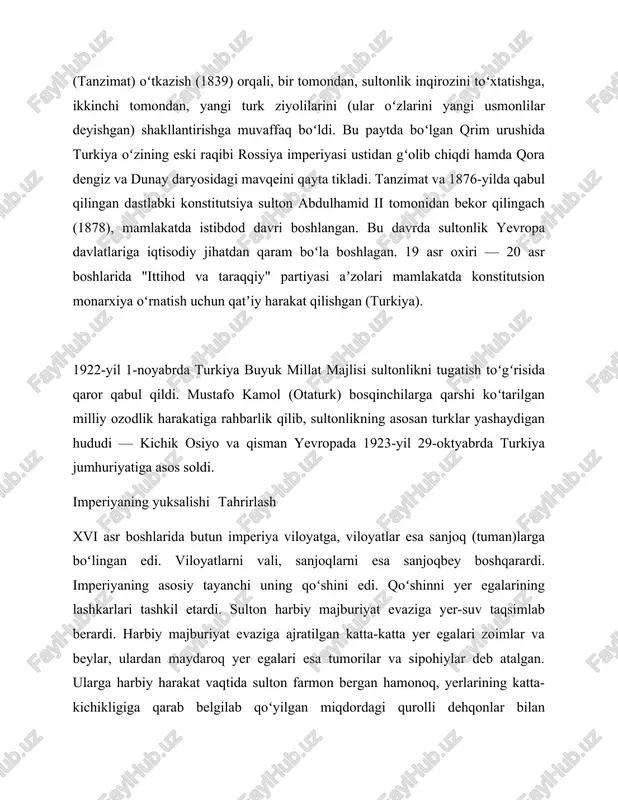 i esa sanjoqbey boshqarardi. imperiyaning asosiy tayanchi uning qoʻshini edi. qoʻshinni yer egalarining lashkarlari tashkil etardi. sulton harbiy majburiyat evaziga yer-suv taqsimlab berardi. harbiy majburiyat evaziga ajratilgan katta-katta yer egalari zoimlar va beylar, ulardan maydaroq yer egalari esa tumorilar va sipohiylar deb atalgan. ularga harbiy harakat vaqtida sulton farmon bergan hamonoq, yerlarining katta-kichikligiga qarab belgilab qoʻyilgan miqdordagi qurolli dehqonlar bilan belgilangan joyga yetib kelish majburiyati yuklangan edi. bundan tashqari, imperiyaning doimiy qoʻshini — yanicharlari, shuningdek, kuchli harbiy-dengiz floti ham boʻlgan. bu omillar usmonli turklar sultonlariga keng koʻlamda bosqinchilik urushlari olib borish imkonini bergan. bunday urushlar natijasida usmonli turklar davlatining ulkan imperiyaga aylanganligi sizlarga vii sinf „jahon tarixi“ darsligidan maʼlum. imperiya xvi asrda ham bosqinchilik urushlarini davom ettirdi. bu davrda eron imperiyaning osiyodagi eng yirik raqibiga aylangan edi. sulton salim i 1514-yilda eron shohi ismoil safaviy qoʻshinini tor-mor etdi. bu gʻalaba sultonga shohning ittifoqchisi misr sultonligiga qarshi yurish boshlashga yoʻl ochdi. …
