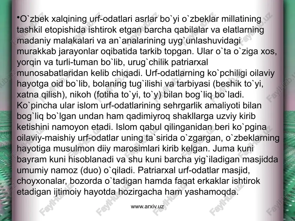 ntanali nishonlanadi. umumiy xususiyatlari bo`la turib, u turli viloyatlarda o`zgacha tusda bayram qilinadi. nikoh marosimining asosiy payti kelinning ota-onasining uyidan kuyovning uyiga o`tishi paytidir. to`y kuni kuyovnikida to`y oshi (palov) tayyorlanadi va kelinnikiga yuboriladi, u yerda u dasturxonga tortiladi. xuddi shunday osh kuyovning uyida ham o`tkaziladi. to`y kuni masjidning imomi ikki yoshga «xutbai nikoh» ni o`qiydi, shundan so`ng ular xudo oldida er-xotin deb e`lon qilinadi. imom yoshlarga er va xotinning huquqlari va majburiyatlarini tushuntiradi. odatda nikoh o`qilganidan so`ng yoshlar o`zining fuqarolik nikohini qayd etish uchun zags ga boradi. www.arxiv.uz www.arxiv.uz to`y kuni kelinnikida kuyovga sarpo (to`yga sovg`a qilingan kiyimlar va poyafzal) kiydiriladi, shundan so`ng kuyov o`z oshnalari bilan kelinning ota-onasi huzuriga salom berish uchun boradi. kuyovning oshnalari bilan qaytganidan so`ng kelin ham keladi. kuyovning uyiga yuborishdan avval kelinnikida ota-ona bilan xayrlashish marosimi bo`lib o`tadi. kelin bilan birga yaqin o`rtoqlari ham boradi. ular qo`shiqlarni aytadilar («o`lan» va «yor-yor» qo`shiqlari). kelinni kuyovning …