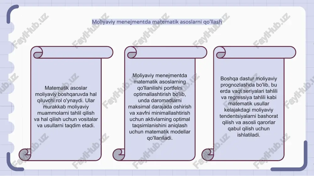 a hal qiluvchi rol o'ynaydi. bu qiymat, narx va xavfni baholash uchun matematik formulalar va usullardan foydalanishni o'z ichiga oladi. moliyaviy menejmentning matematik asoslari moliyaviy derivativlarni tahlil qilish va baholash uchun asos yaratadi. u hisob-kitoblar, ehtimollar nazariyasi va stokastik jarayonlardan tushunchalarni o'z ichiga oladi. moliyaviy risklarni baholashning miqdoriy usullari moliyaviy menejmentning matematik asoslari - moliyaviy risklarni baholashning miqdoriy usullari moliya institutlariga risklarni yanada samaraliroq baholash va boshqarish imkonini berishda hal qiluvchi rol o'ynaydi. bu usullar bozor riski, kredit riski va operatsion risk kabi turli risklarni hisoblash va miqdorini aniqlash uchun matematik modellardan foydalanishni o'z ichiga oladi. miqdoriy usullarni qo'llash orqali moliyaviy menejerlar xatarlarni kamaytirish va investitsiya daromadini maksimal darajada oshirish uchun asosli qarorlar qabul qilishlari mumkin. e'tiboringiz uchun rahmat