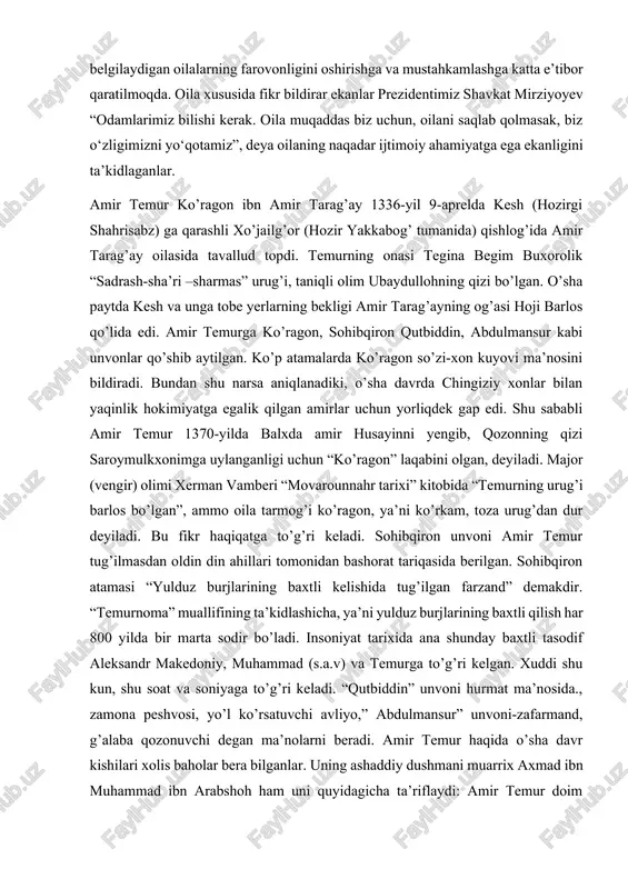 g’ilmasdan oldin din ahillari tomonidan bashorat tariqasida berilgan. sohibqiron atamasi “yulduz burjlarining baxtli kelishida tug’ilgan farzand” demakdir. “temurnoma” muallifining ta’kidlashicha, ya’ni yulduz burjlarining baxtli qilish har 800 yilda bir marta sodir bo’ladi. insoniyat tarixida ana shunday baxtli tasodif aleksandr makedoniy, muhammad (s.a.v) va temurga to’g’ri kelgan. xuddi shu kun, shu soat va soniyaga to’g’ri keladi. “qutbiddin” unvoni hurmat ma’nosida., zamona peshvosi, yo’l ko’rsatuvchi avliyo,” abdulmansur” unvoni-zafarmand, g’alaba qozonuvchi degan ma’nolarni beradi. amir temur haqida o’sha davr kishilari xolis baholar bera bilganlar. uning ashaddiy dushmani muarrix axmad ibn muhammad ibn arabshoh ham uni quyidagicha ta’riflaydi: amir temur doim “insonparvarlik va mardlikni alloh ham, xalq ham ulug’laydi” degan fikrni ko’p marta takrorlashni yaxshi ko’rgan va unga doimo amal qilgan. i.amir temurdagi buyuk insoniy sifatlar amir temur to’g’risida yozilgan. “temur tuzuklari”, “temurning aytganlari”, “temurning boshdan kechirganlari”, xv asr muarrixi havofiyning “mujmal-ifosixiy”, shomiyning “amir temur haqidagi xabarlarda taqdir ajoyibotlari” va “zafarnoma”si, salohiddin toshkandiyning “temurnoma” …