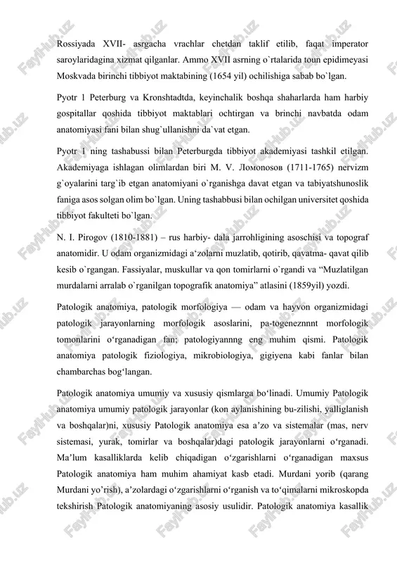 yan anatomi j. morgani (18-asrning 2yarmi) va fransuz anatomi m.f.bishaning (19-asrning boshlari) klassik tadqiqotlari katta roloʻynadi. 19-asrning oʻrtalarida patologik anatomiyadan atlas va qoʻllanmalar chop etildi. bu davrda yevropaning koʻpgina universitetlarida patologik anatomiya kafedralari ochildi. oʻzbekistonda bir qancha tibbiyot intlari (toshkent tibbiot akademiyasi, samti, andijon tibbiyot instituti va boshqalar)da ham patologik anatomiya kafedralari, ilmiy tadqiqot institutlari (oʻzbekiston sil kasalligi ilmiy tadqiqot instituti, onkologiya markazi)da patologik anatomiya boʻlimlari tashkil etildi. oʻzbekistonda patologik anatomiya fanining asoschilari g. n. terexov, s. d. tatarenchik va boshqa boʻldi. fanning keyingi taraqqiyotigaa. i. maʼrupov, r. i. danilova, f. j. toʻlaganov, r. a. aʼzamov, m. s. abdullaxoʻjayeva, e. s. qosimxoʻjayev, o. m. azizova, v. a. alimov, b. a. maʼrupov va boshqa olimlar katta hissa qoʻshdilar. patologik anatomiyaning dolzarb masalalari defoli-antlar, gerbitsidlardan zaharlanish, geografik patologiya, yurak-tomir patologiyasi va infeksion kasalliklar, nerv sistemasi patologiyasi va boshqa ustida tadqiqotlar olib borilmoqda. oʻzbekistonda patologoanatomik xizmat koʻrsatadigan muntazam sistema ishlab turibdi. viloyatlar markazida …