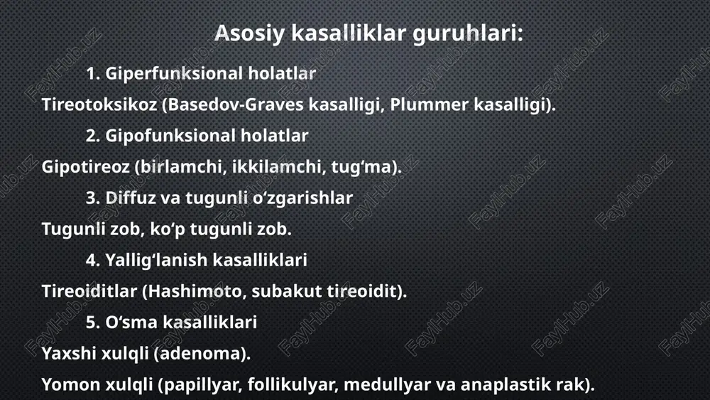 hayot bo‘yi qabul qilinadi. gipotireoz. 12 ta’rifi: qalqonsimon bez to‘qimasida chegaralangan tugunli hosilalar bo‘lishi. turlari: yakka tugunli zob. ko‘p tugunli zob. klinik belgilari: bo‘yin shaklining o‘zgarishi. yirik o‘sishda — nafas va yutish qiyinlashishi. diagnostika: utt, biopsiya (tab), radioizotop skanerlash. davolash: jarrohlik yo‘li bilan tugunni yoki butun bezni olib tashlash. tugunli buqoq. 13 hashimoto tireoiditi: avtoimmun kelib chiqishli. sekin-asta gipotireozga olib keladi. subakut tireoidit (de kerven kasalligi): virusli infeksiyalardan keyin paydo bo‘ladi. bezdor og‘riq, isitma bilan kechadi. davolash: yallig‘lanishga qarshi dorilar, gormon terapiyasi. tireoiditlar. 14 qalqonsimon bez o‘smalari. yaxshi sifatli: adenoma (odatiy follikulyar). yomon sifatli: papillyar rak (eng ko‘p tarqalgan, sekin rivojlanadi). follikulyar rak (agressivroq). medullyar rak (kaltsitonin gormonini ishlab chiqaradi). anaplastik rak (prognozi yomon). diagnostika: uzt, tab, kt/mrt, gormonlar analizi, onkomarkerlar. davolash: jarrohlik (total tireoidektomiya). radioaktiv yod. gormon almashtirish terapiyasi. kimyo va radioterapiya (zarurat bo‘lsa). 15 qalqonsimon bez o‘smalari. qalqonsimon bez o’smalarini quyidagi klinik-morfologik turlash (klassifikatsiya) qabul qilingan. xavfsiz o’smalar: …