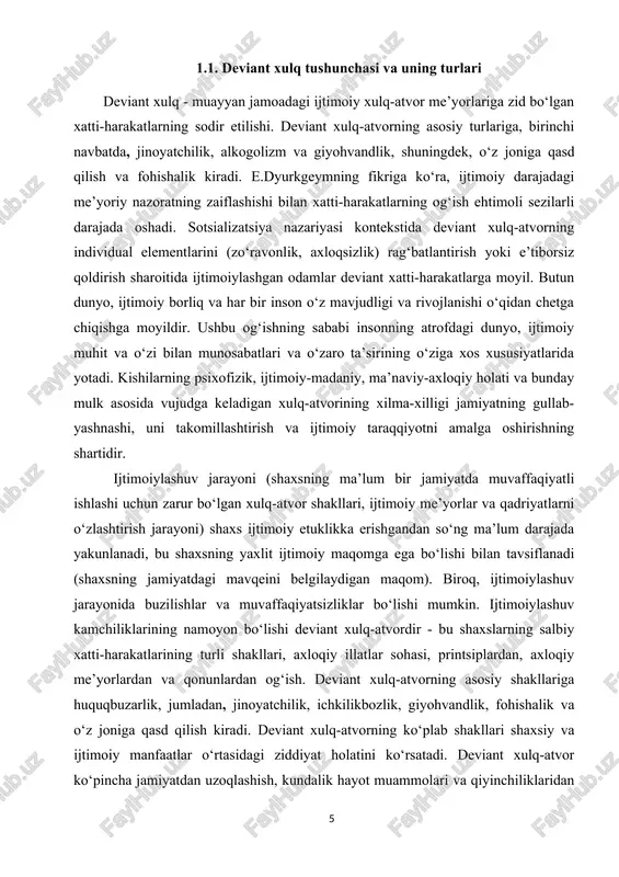 boshlanishi bo‘lishi mumkin. asta-sekin an’analarni engib o‘tish, yangi hayotiy me’yorlarni o‘z ichiga olgan deviant xatti-harakatlar odamlar ongiga tobora ko‘proq kirib bormoqda. ijtimoiy guruhlar a’zolari yangi me’yorlarni o‘z ichiga olgan xulq-atvorni qabul qilganda, u deviant bo‘lishni to‘xtatadi. demak, deviant xulq-atvor - bu shaxs yoki guruhning umume’tirof etilgan me’yorlarga to‘g‘ri kelmaydigan xatti-harakati, buning natijasida bu normalar ular tomonidan buziladi. deviant xulq-atvor shaxsni ijtimoiylashtirishning muvaffaqiyatsiz jarayonining natijasidir: shaxsni identifikatsiyalash va individuallashtirish jarayonlarining buzilishi natijasida, bunday shaxs madaniy me’yorlar, qadriyatlar va ijtimoiy munosabatlar mavjud bo‘lmagan, zaiflashgan yoki bir-biriga zid bo‘lgan «ijtimoiy tartibsizlik» holatiga osongina tushadi. bu holat anomiya deb ataladi va deviant xatti-harakatlarning asosiy sababidir. deviant xulq-atvor salbiy va ijobiy turli xil shakllarda bo‘lishi mumkin. deviant xulq-atvor ko‘pincha umume’tirof etilgan madaniy me’yorlar mavjudligining asosi, boshlanishi bo‘lib xizmat qiladi. busiz madaniyatning o‘zgaruvchan ijtimoiy ehtiyojlarga moslashishi qiyin bo‘lar edi. shu bilan birga, deviant xulq-atvorning qay darajada keng tarqalishi kerakligi va uning qanday turlari jamiyat uchun foydali, …